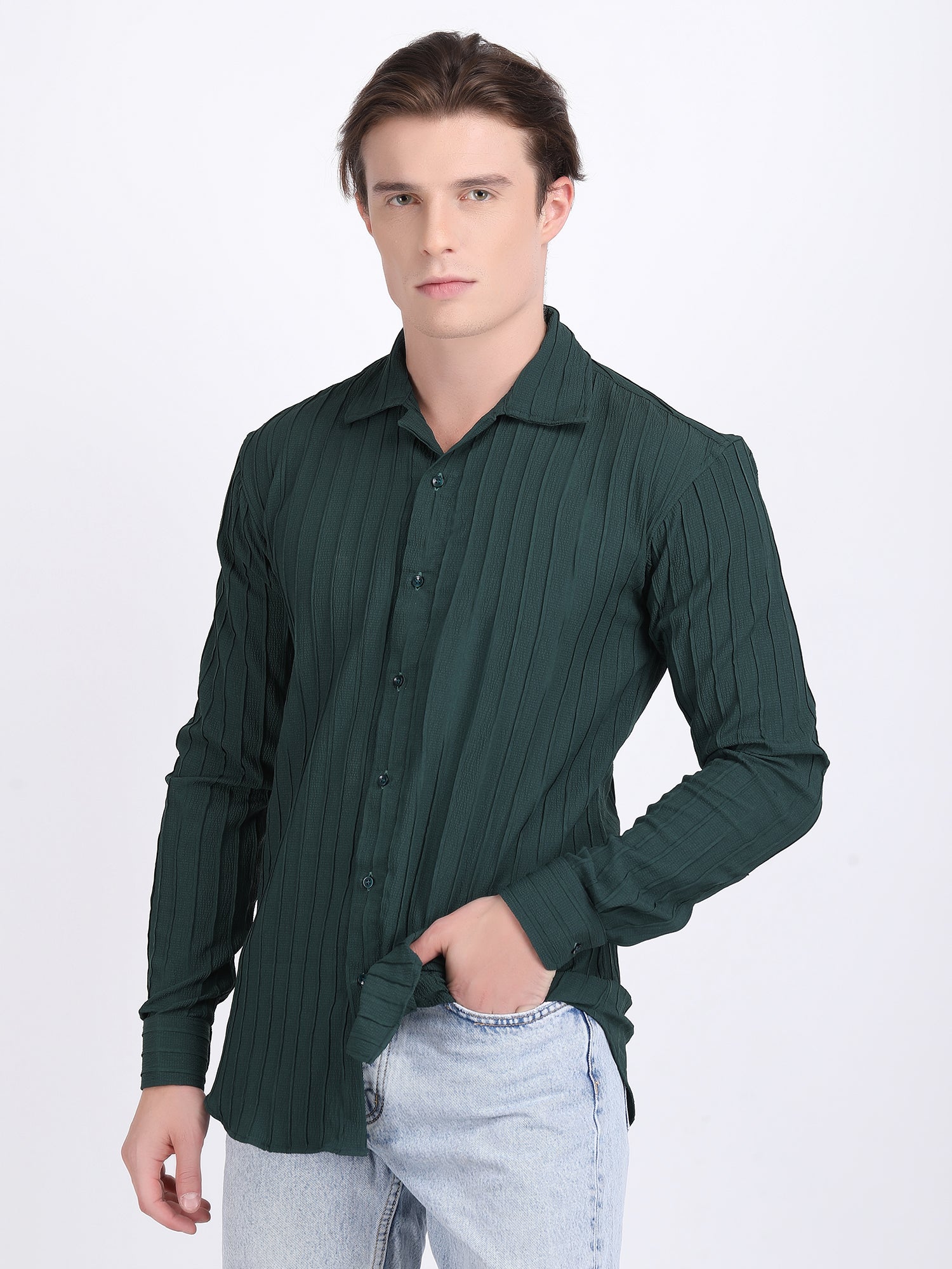 Green Popcorn Texture Full Sleeves Shirt