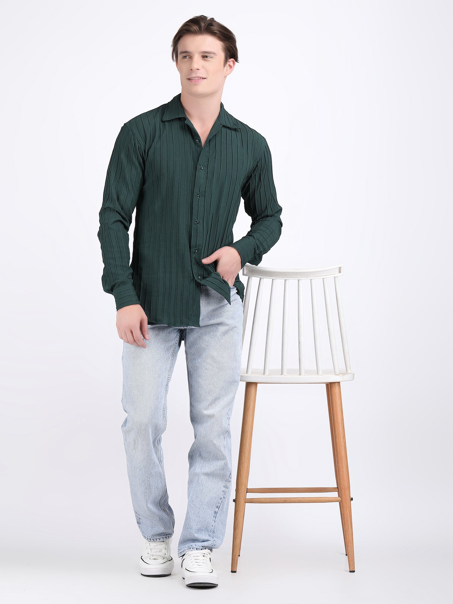 Green Popcorn Texture Full Sleeves Shirt