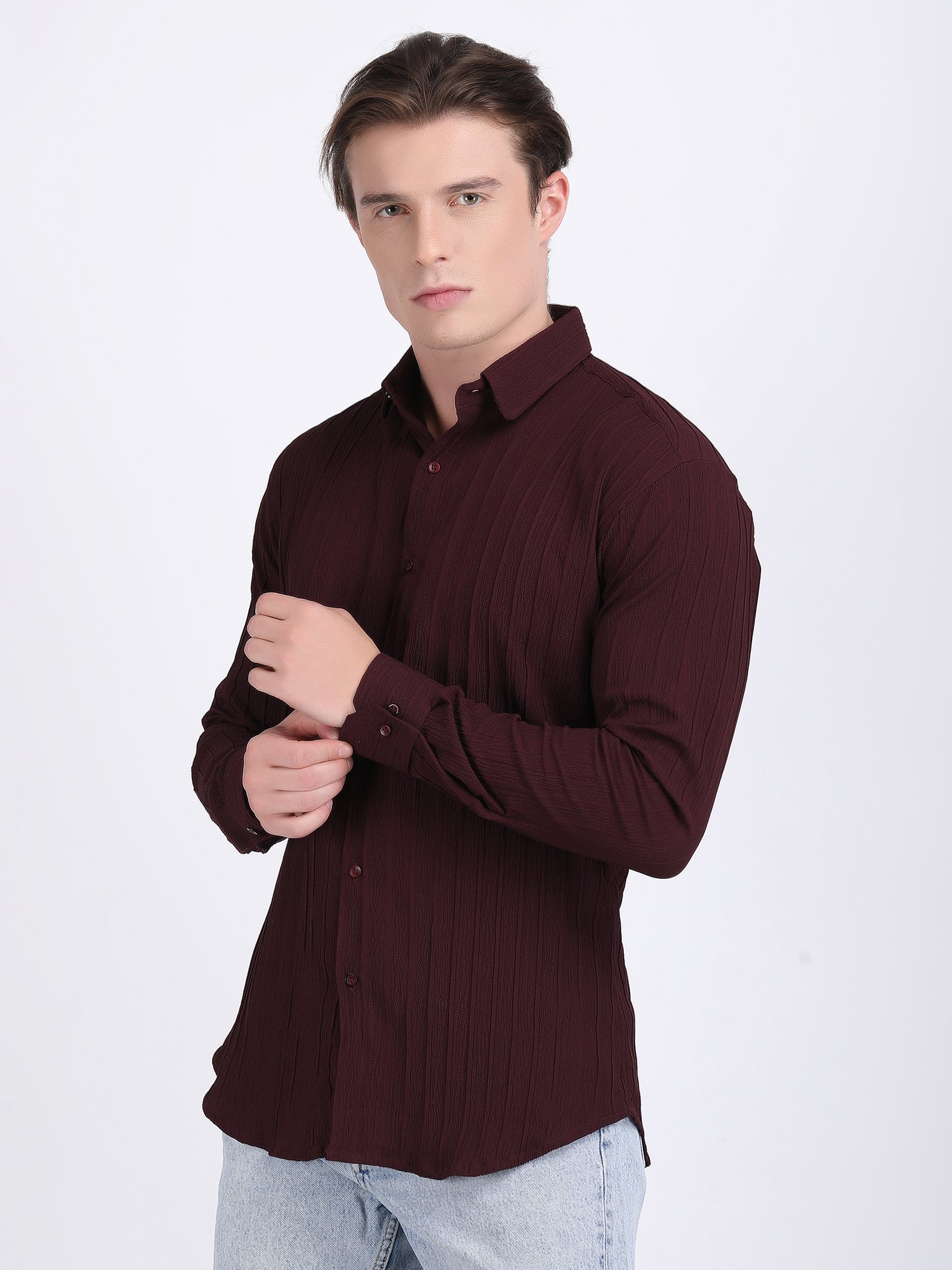 Dark Maroon Popcorn Texture Full Sleeves Shirt