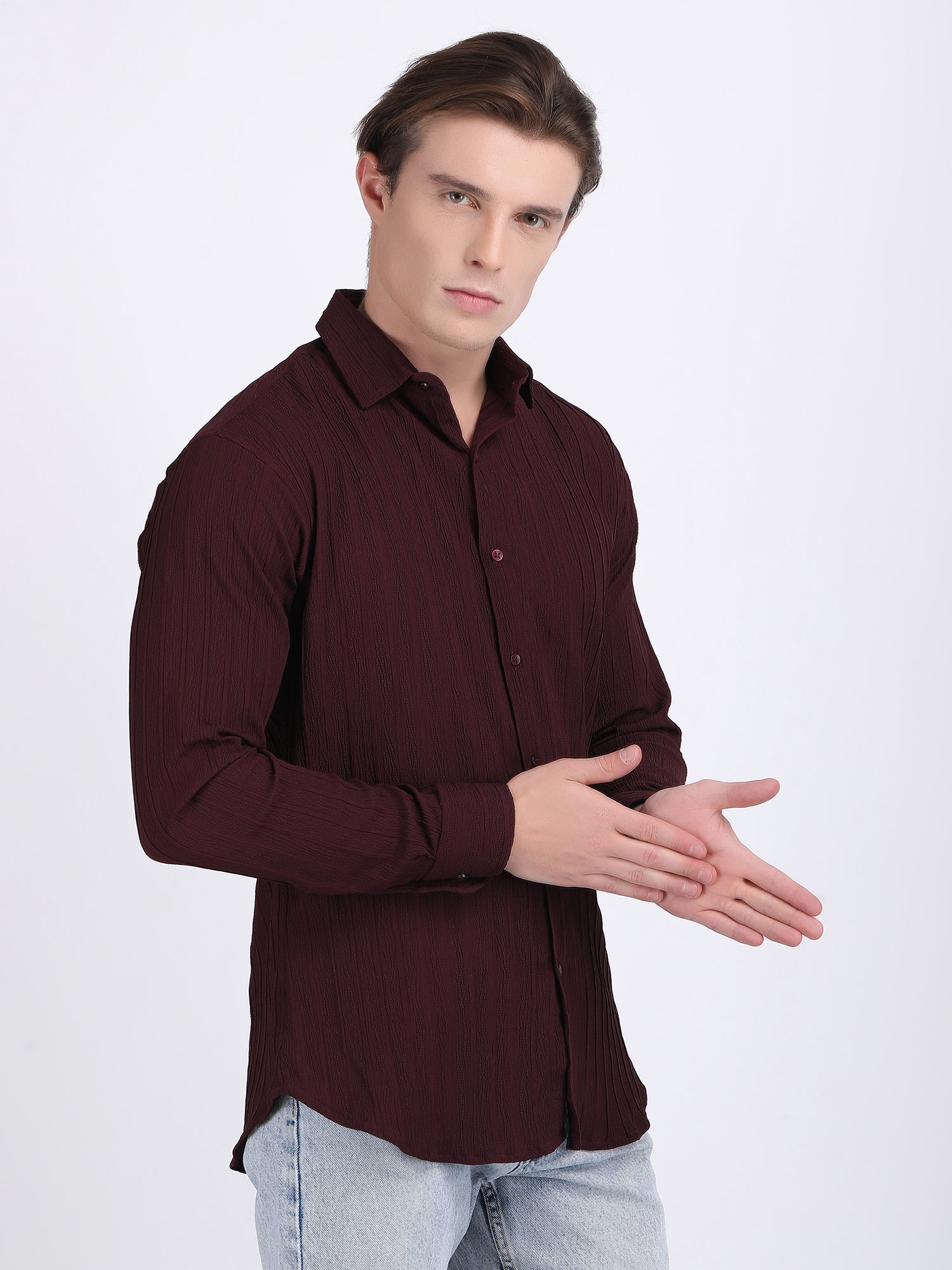 Dark Maroon Popcorn Texture Full Sleeves Shirt