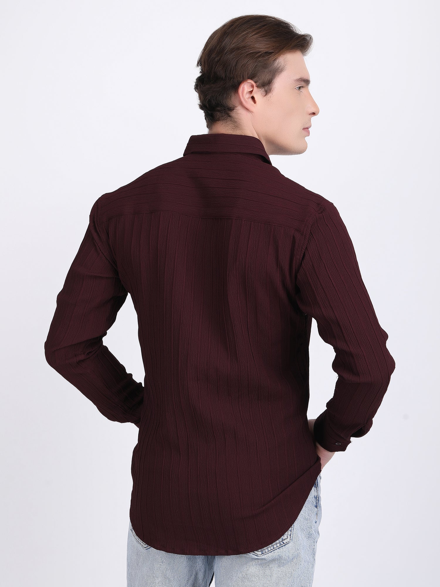 Dark Maroon Popcorn Texture Full Sleeves Shirt