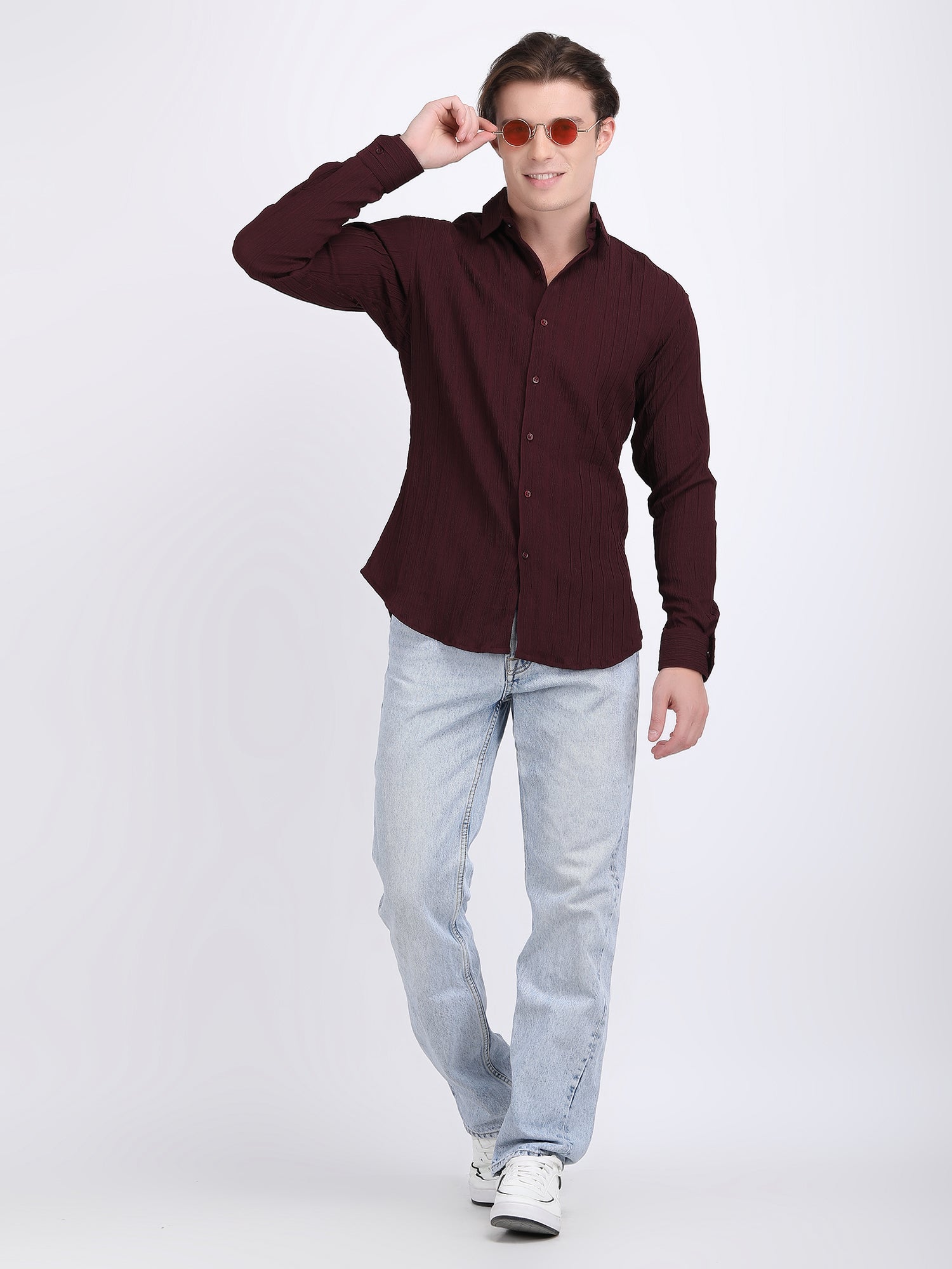 Dark Maroon Popcorn Texture Full Sleeves Shirt