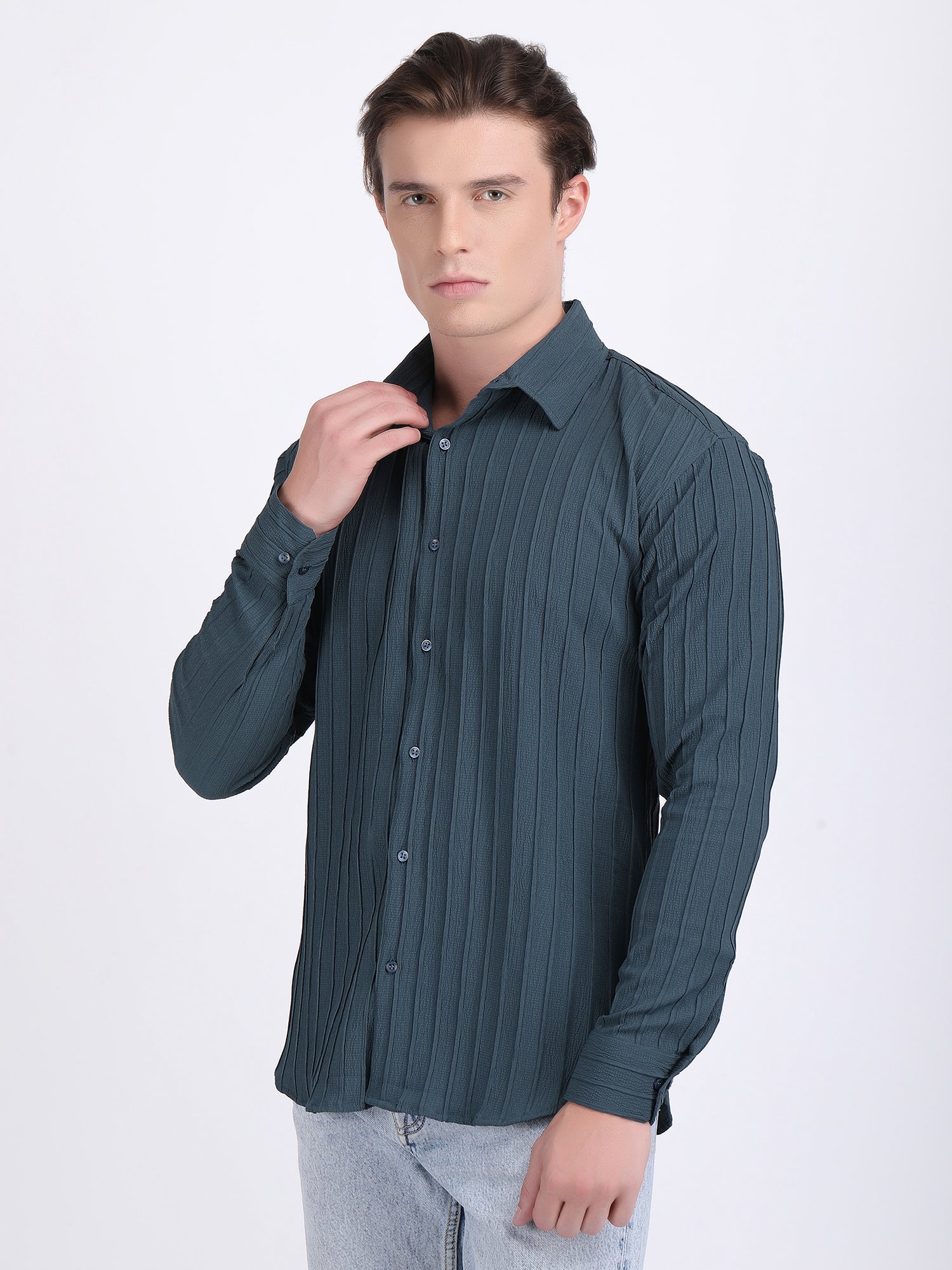 Teal Blue Popcorn Texture Full Sleeves Shirt