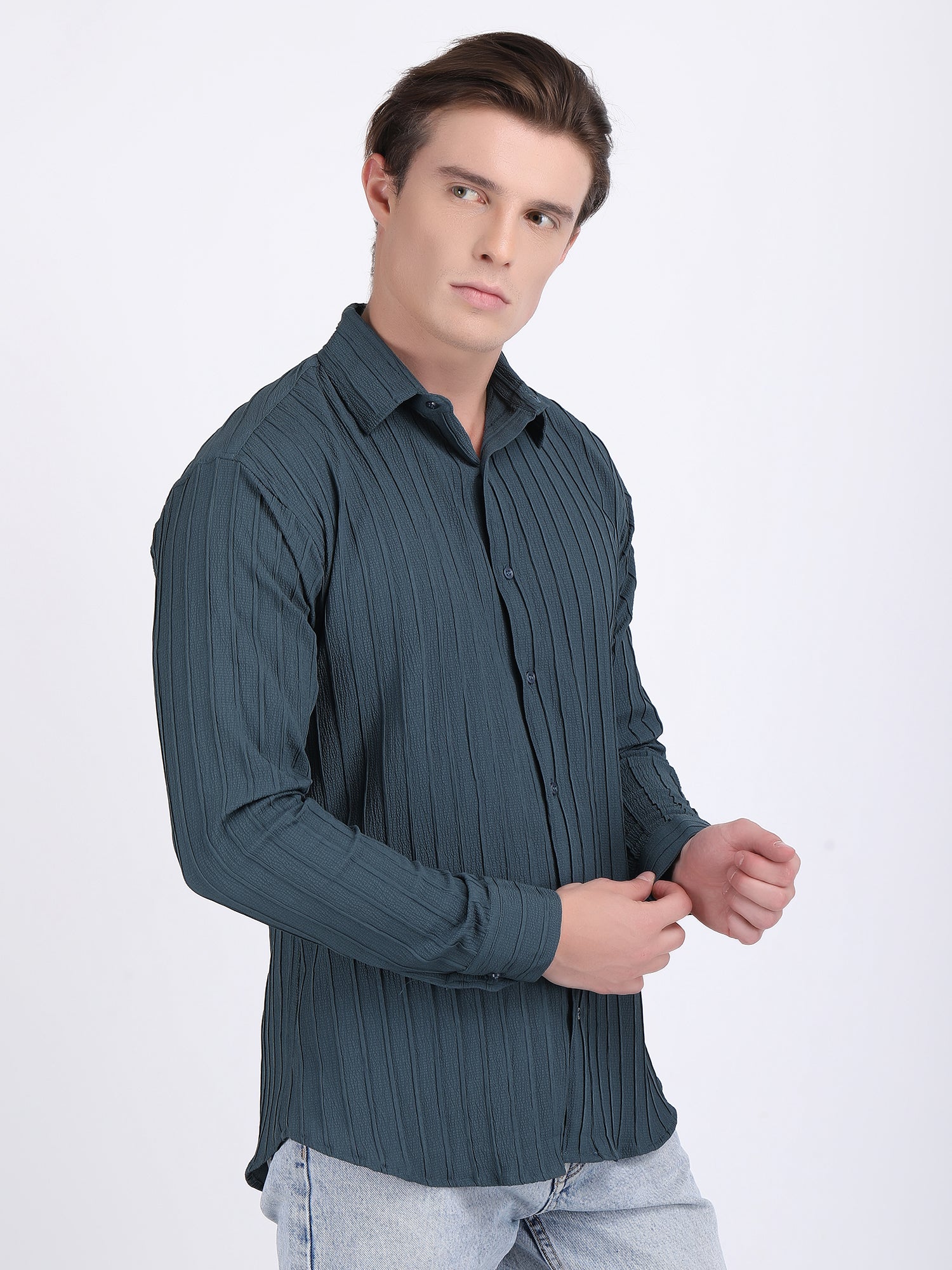 Teal Blue Popcorn Texture Full Sleeves Shirt