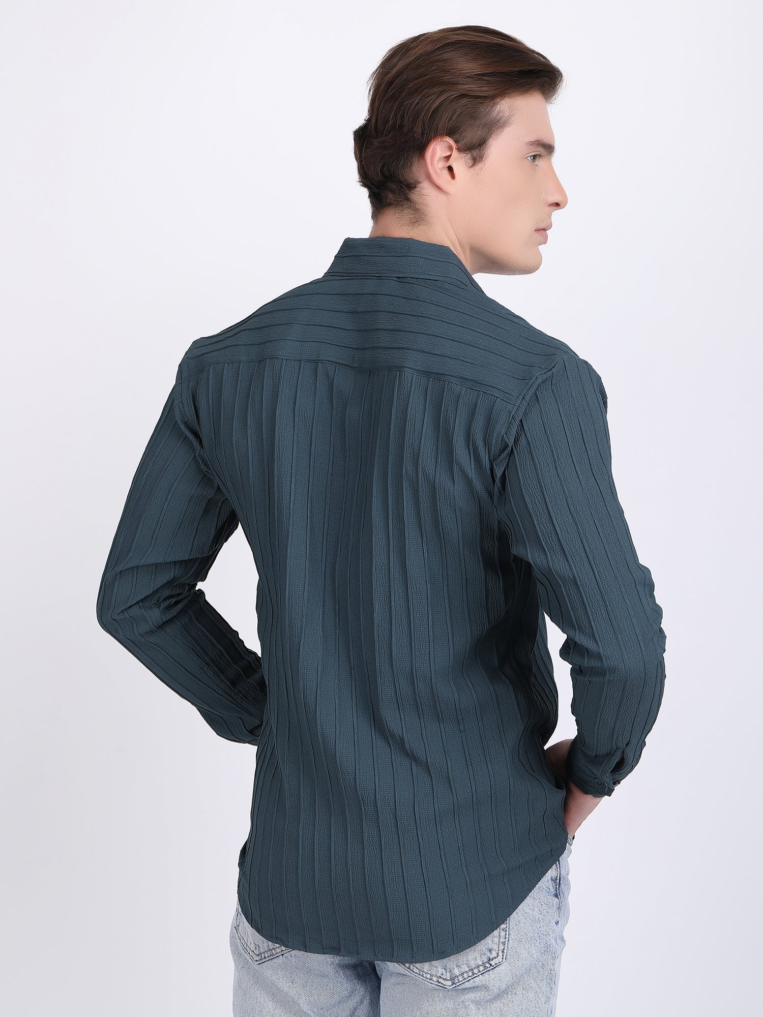 Teal Blue Popcorn Texture Full Sleeves Shirt