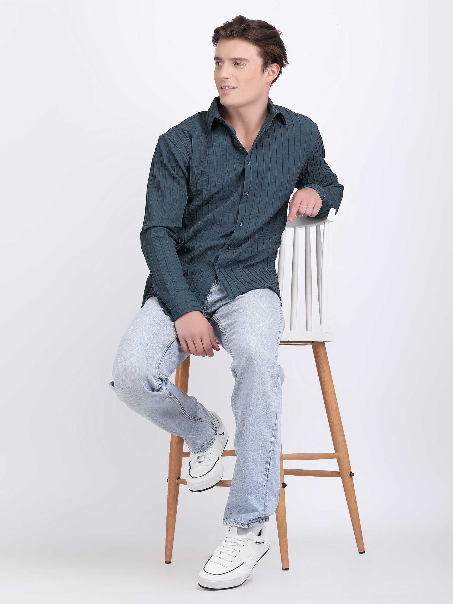 Teal Blue Popcorn Texture Full Sleeves Shirt