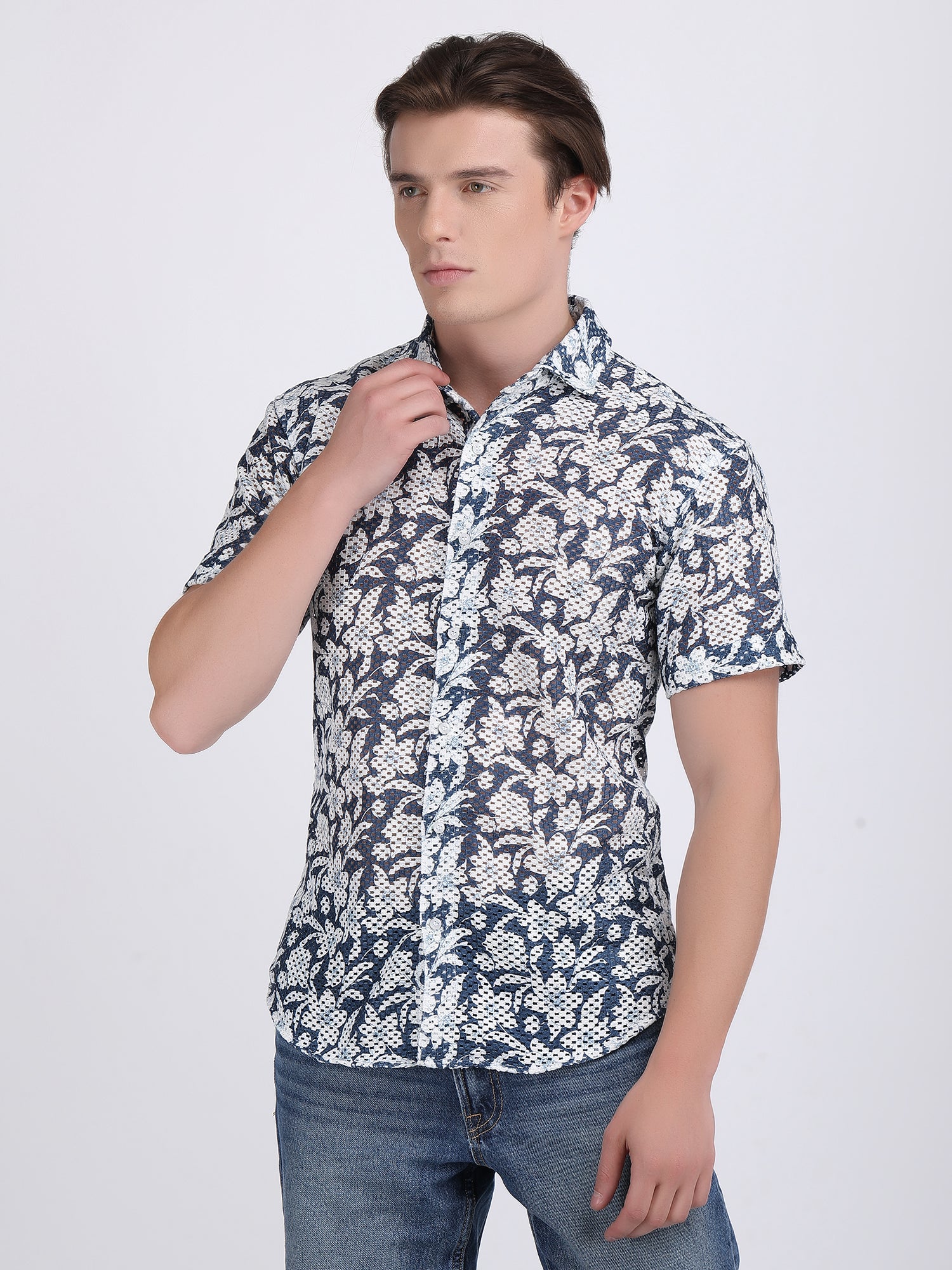 Dark Blue Dual Fusion Crochet Shirt