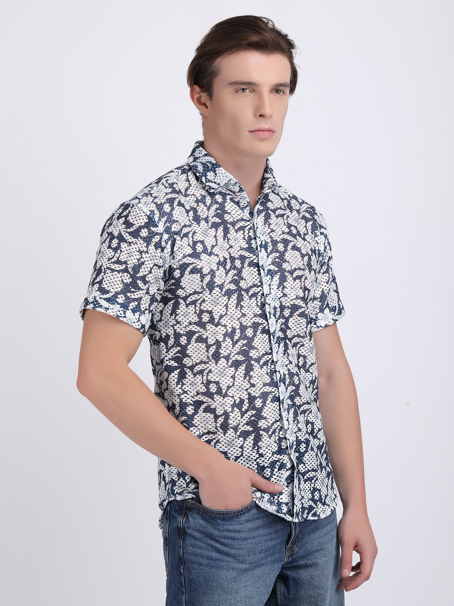 Dark Blue Dual Fusion Crochet Shirt