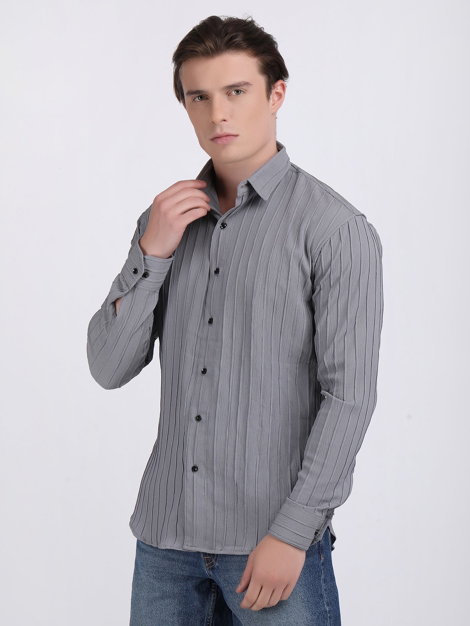 Grey Popcorn Texture Full Sleeves Shirt