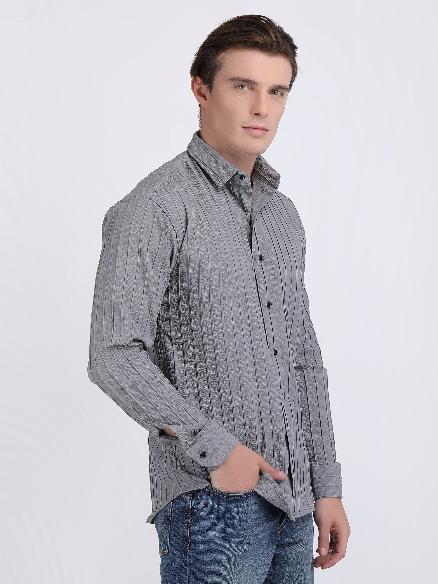 Grey Popcorn Texture Full Sleeves Shirt