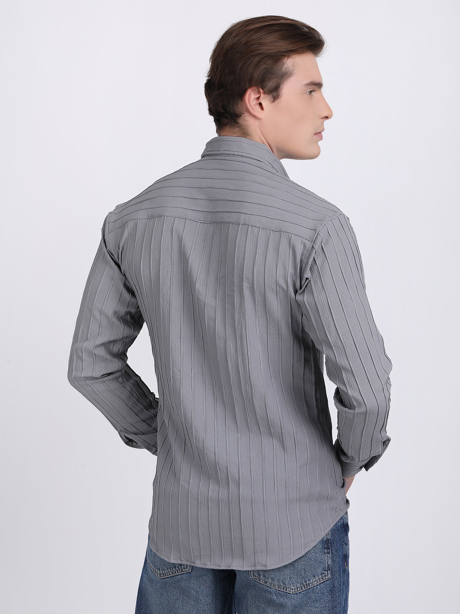 Grey Popcorn Texture Full Sleeves Shirt
