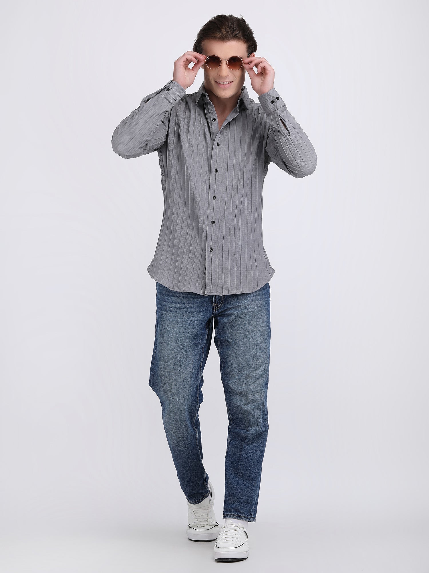 Grey Popcorn Texture Full Sleeves Shirt