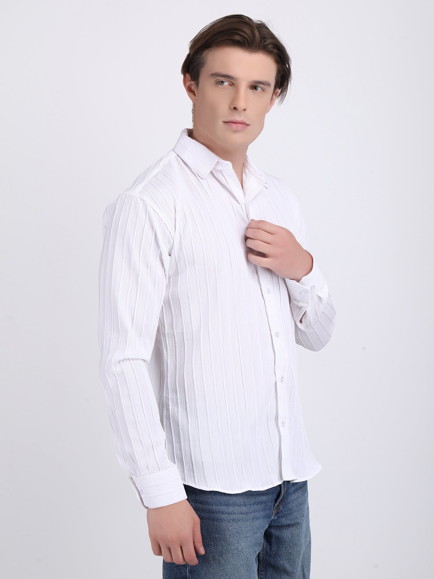 White Popcorn Texture Full Sleeves Shirt