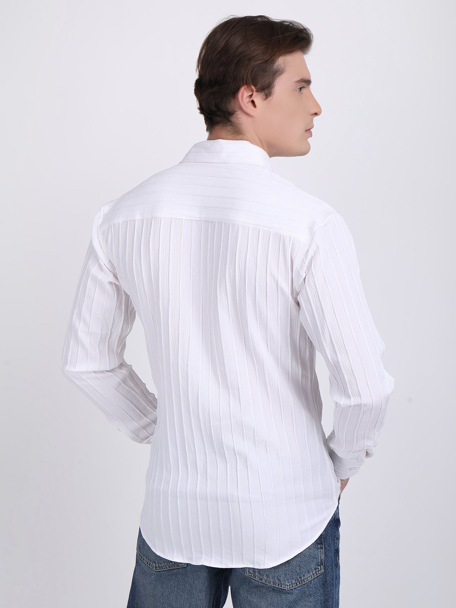 White Popcorn Texture Full Sleeves Shirt