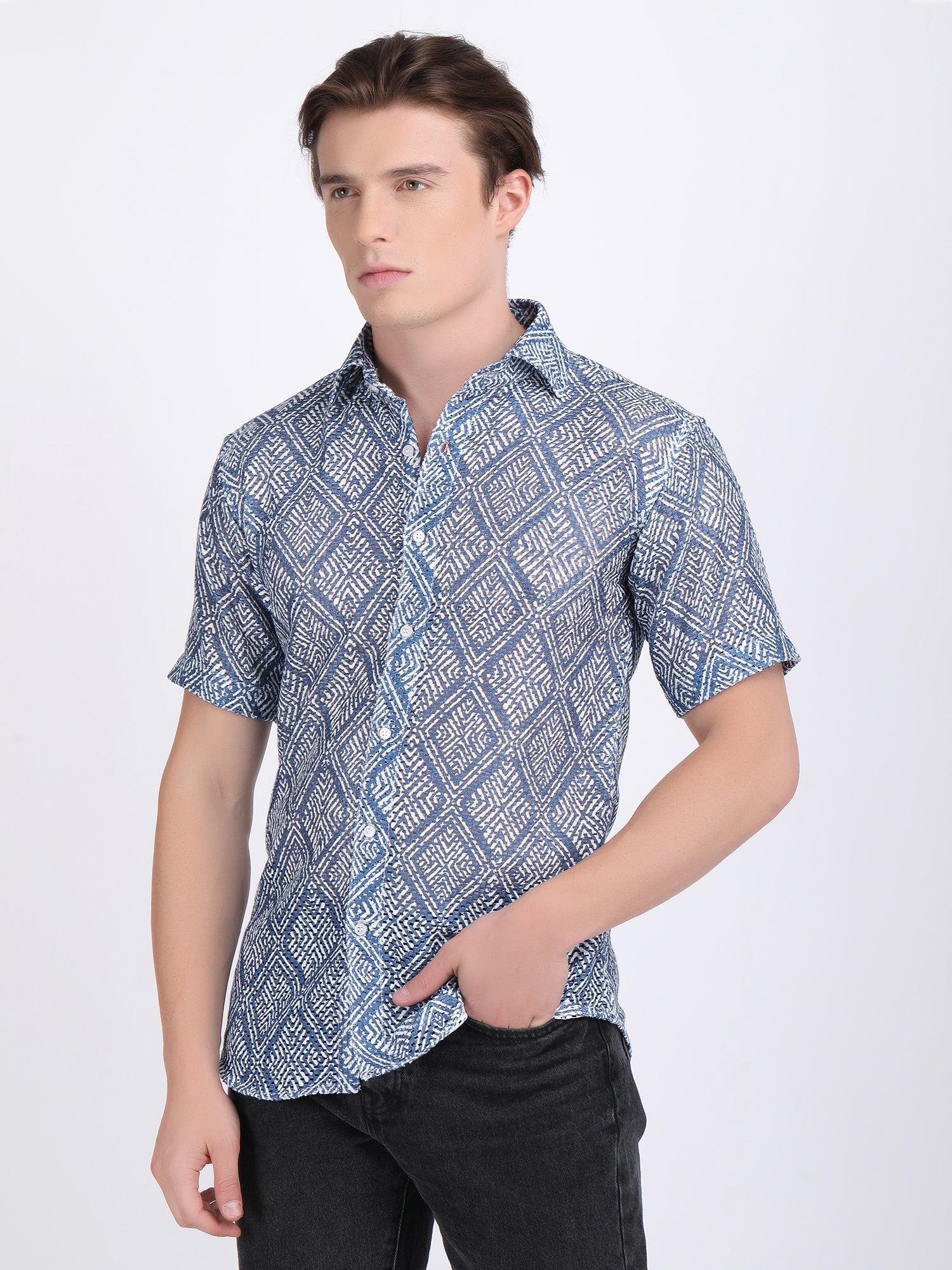 Faded Blue Dual Fusion Crochet Shirt