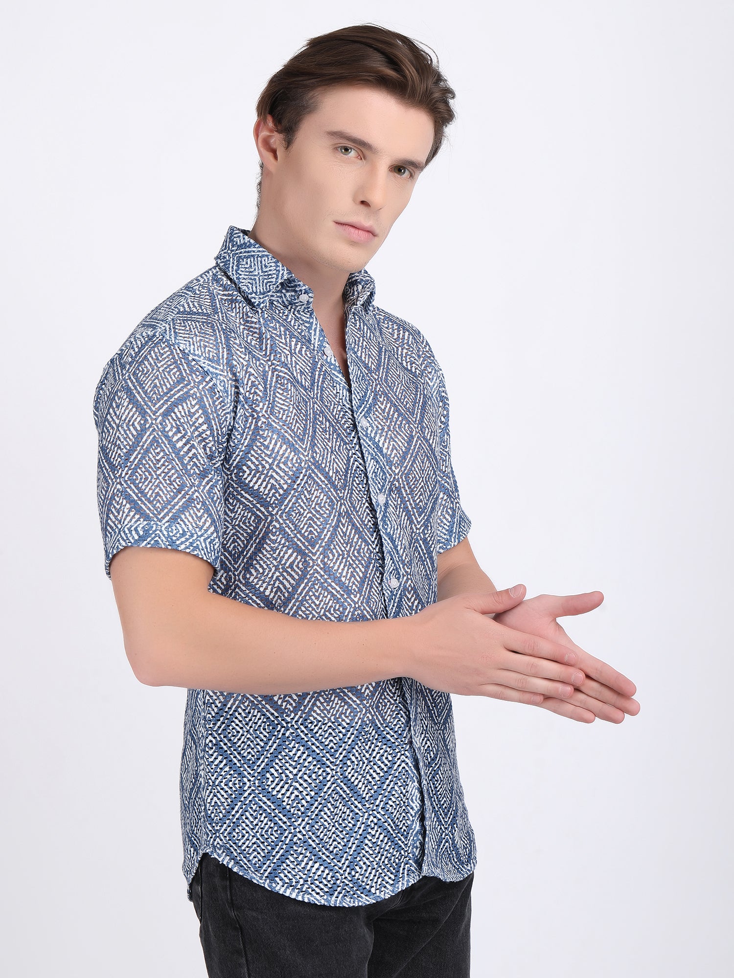 Faded Blue Dual Fusion Crochet Shirt