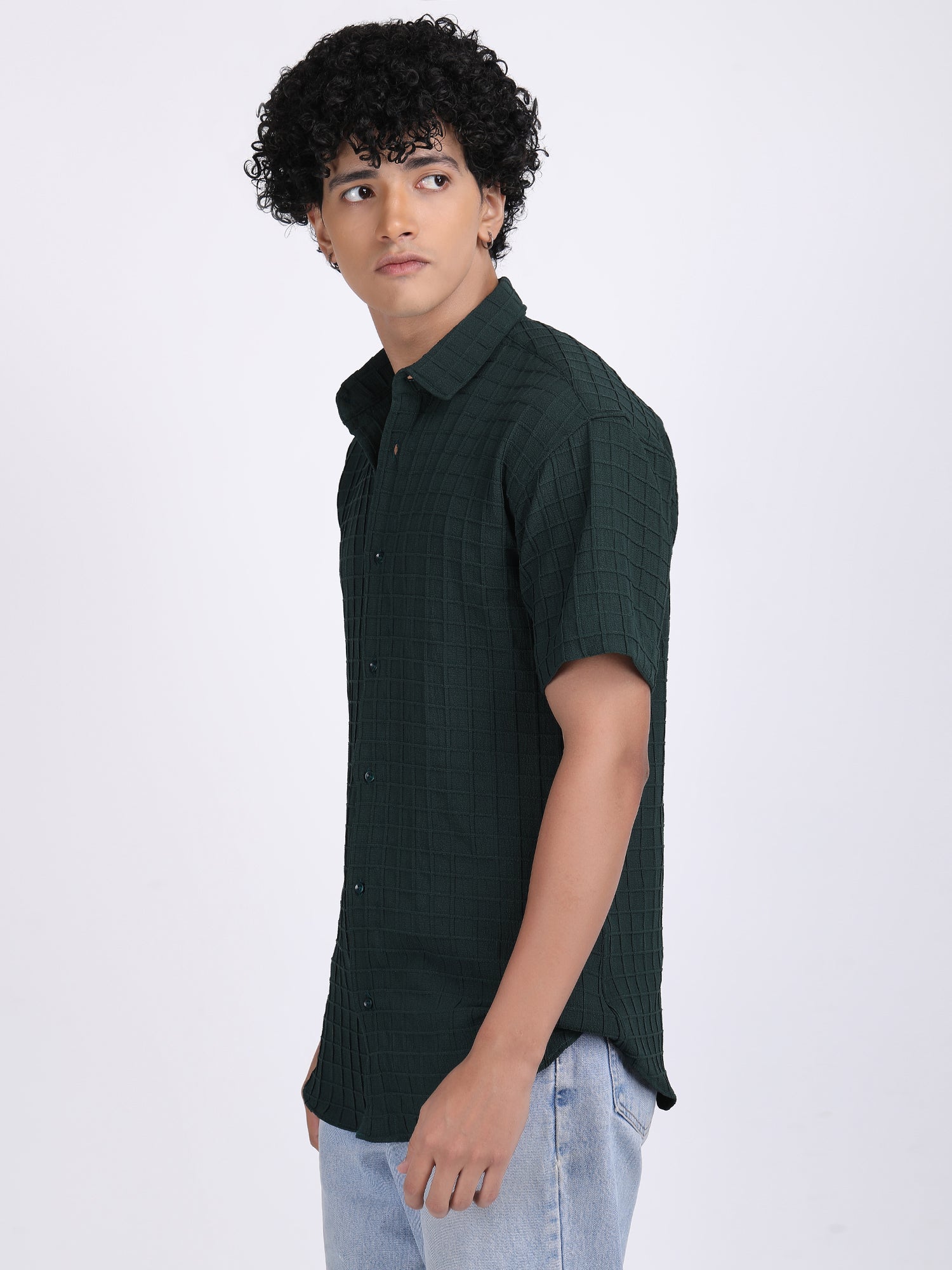 Green Popcorn Texture Half Sleeves Shirt