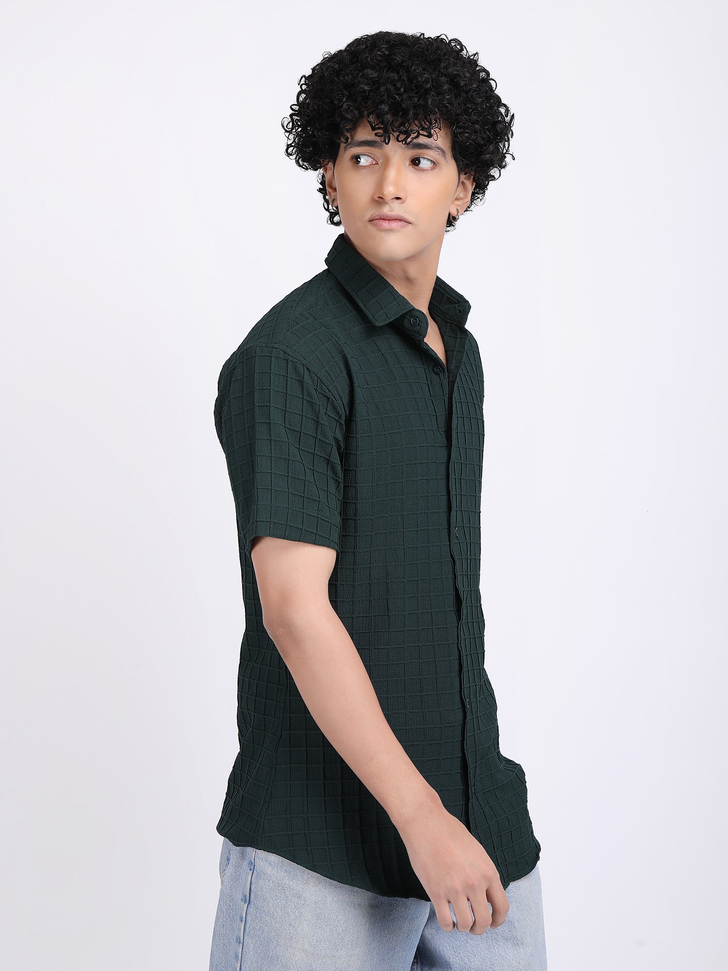 Green Popcorn Texture Half Sleeves Shirt