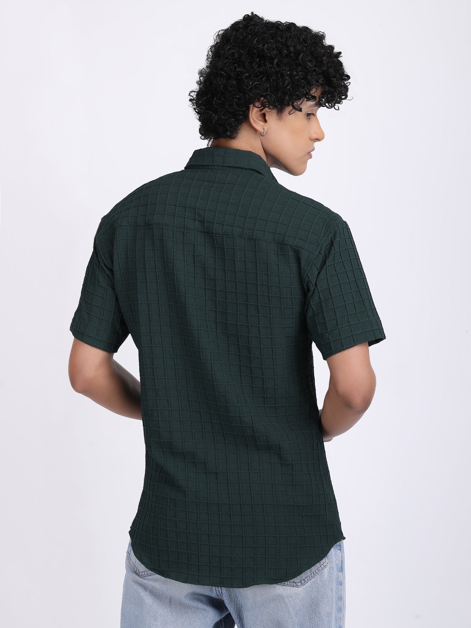 Green Popcorn Texture Half Sleeves Shirt