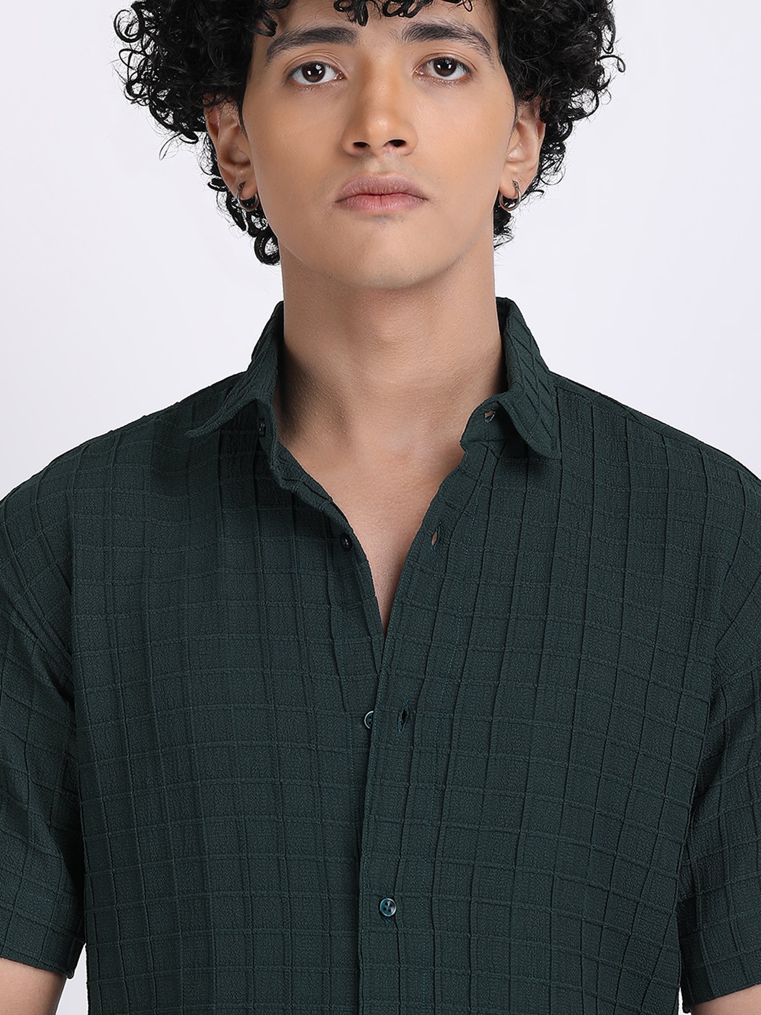 Green Popcorn Texture Half Sleeves Shirt