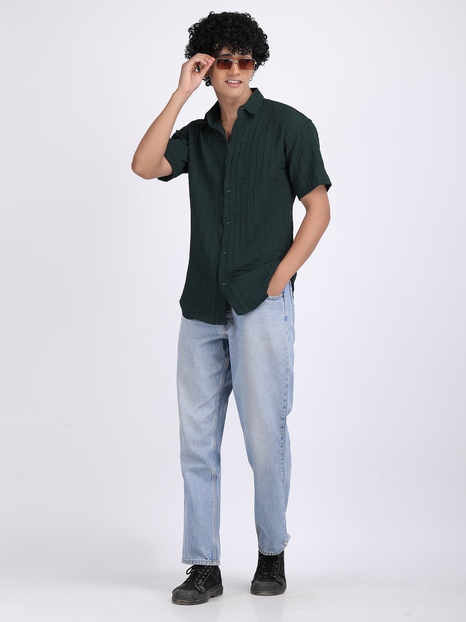 Green Popcorn Texture Half Sleeves Shirt