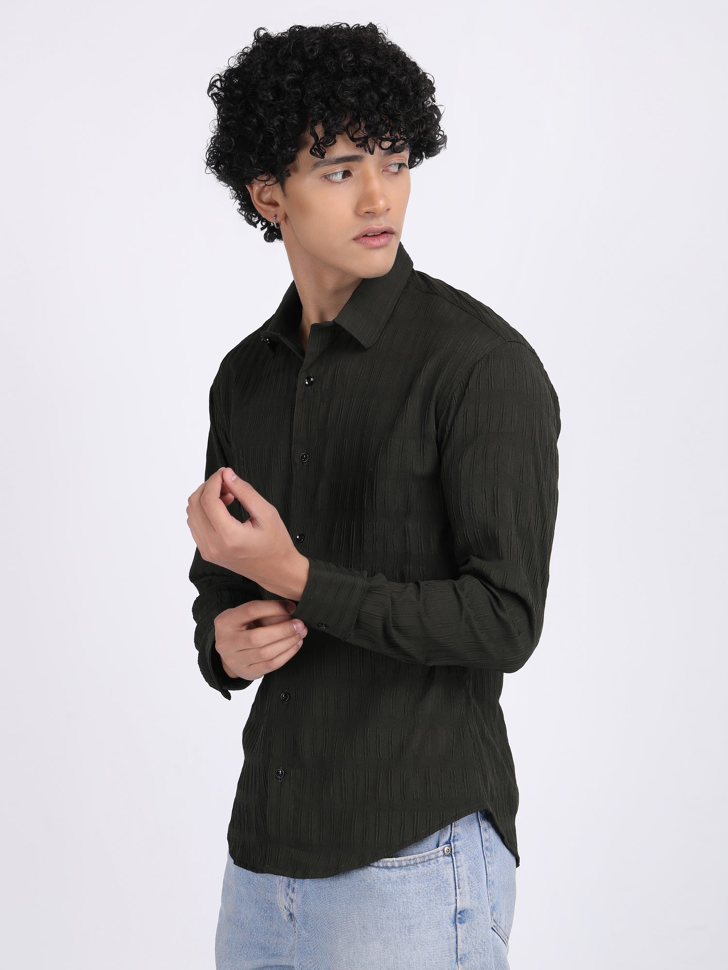 Dark Green Popcorn Texture Full Sleeves Shirt