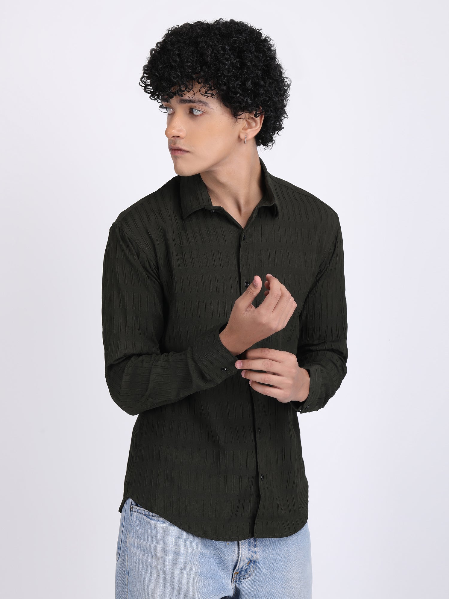 Dark Green Popcorn Texture Full Sleeves Shirt