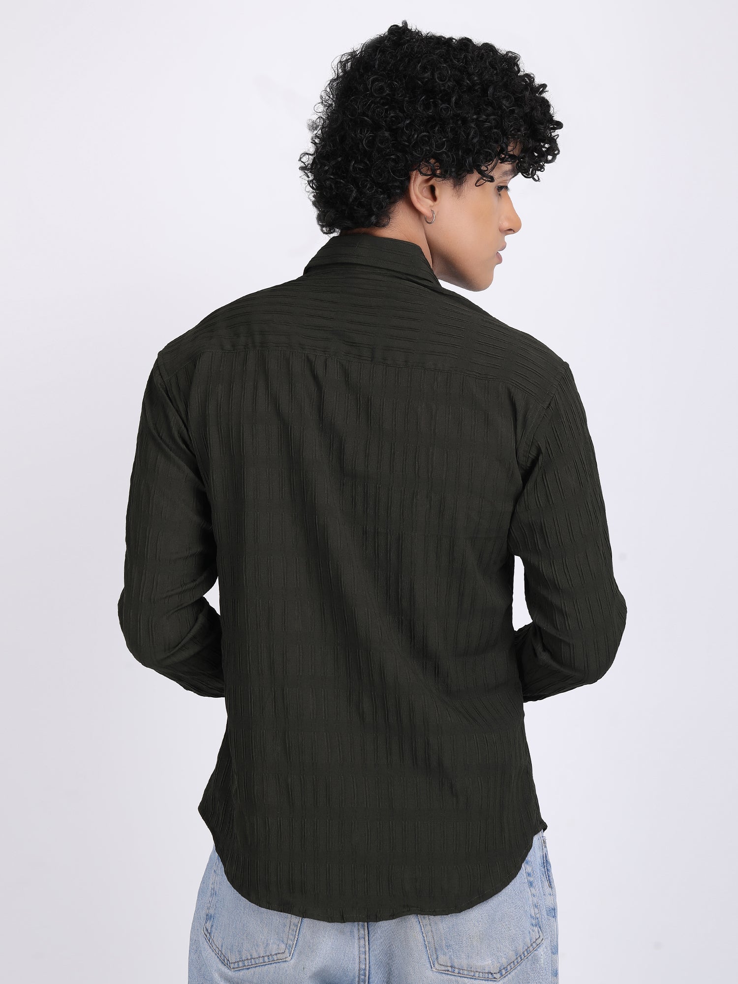 Dark Green Popcorn Texture Full Sleeves Shirt