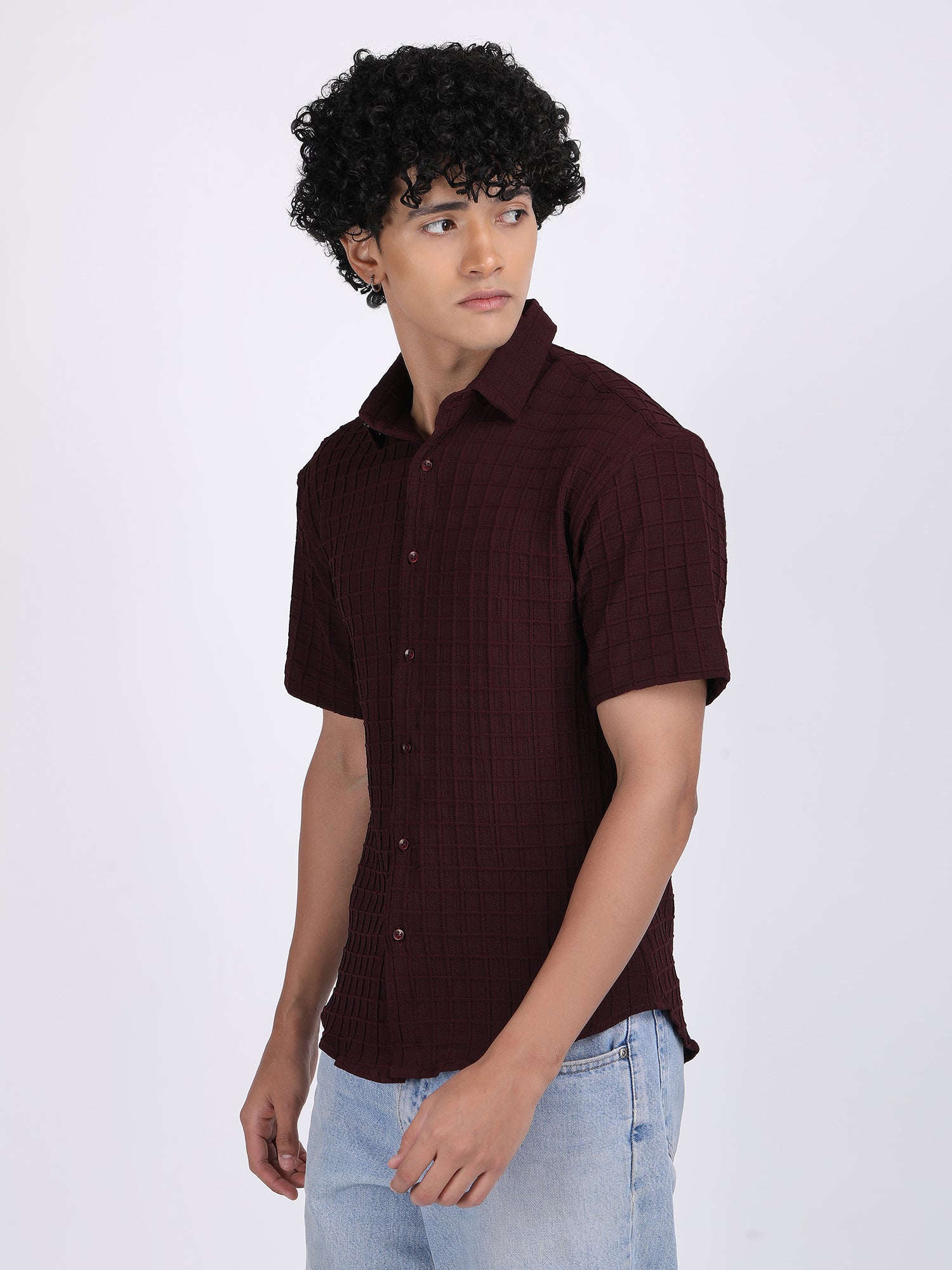 Dark Maroon Popcorn Texture Half Sleeves Shirt