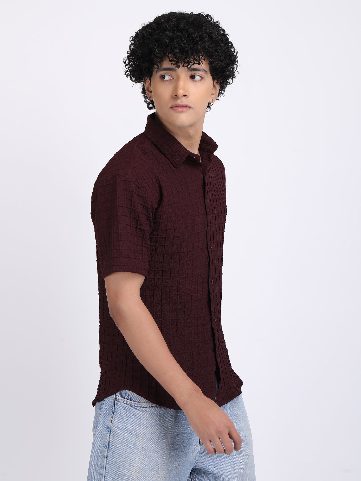 Dark Maroon Popcorn Texture Half Sleeves Shirt