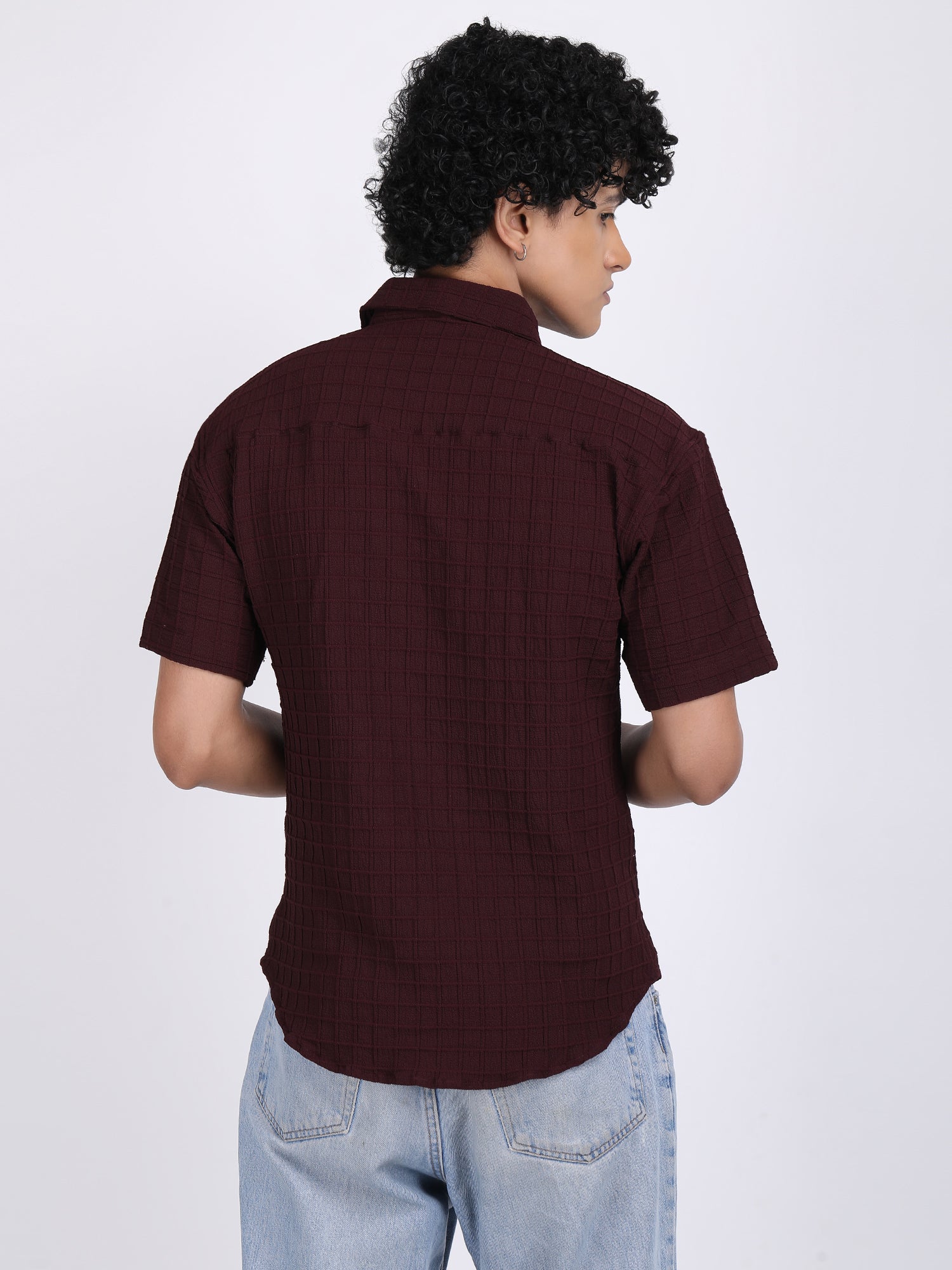 Dark Maroon Popcorn Texture Half Sleeves Shirt