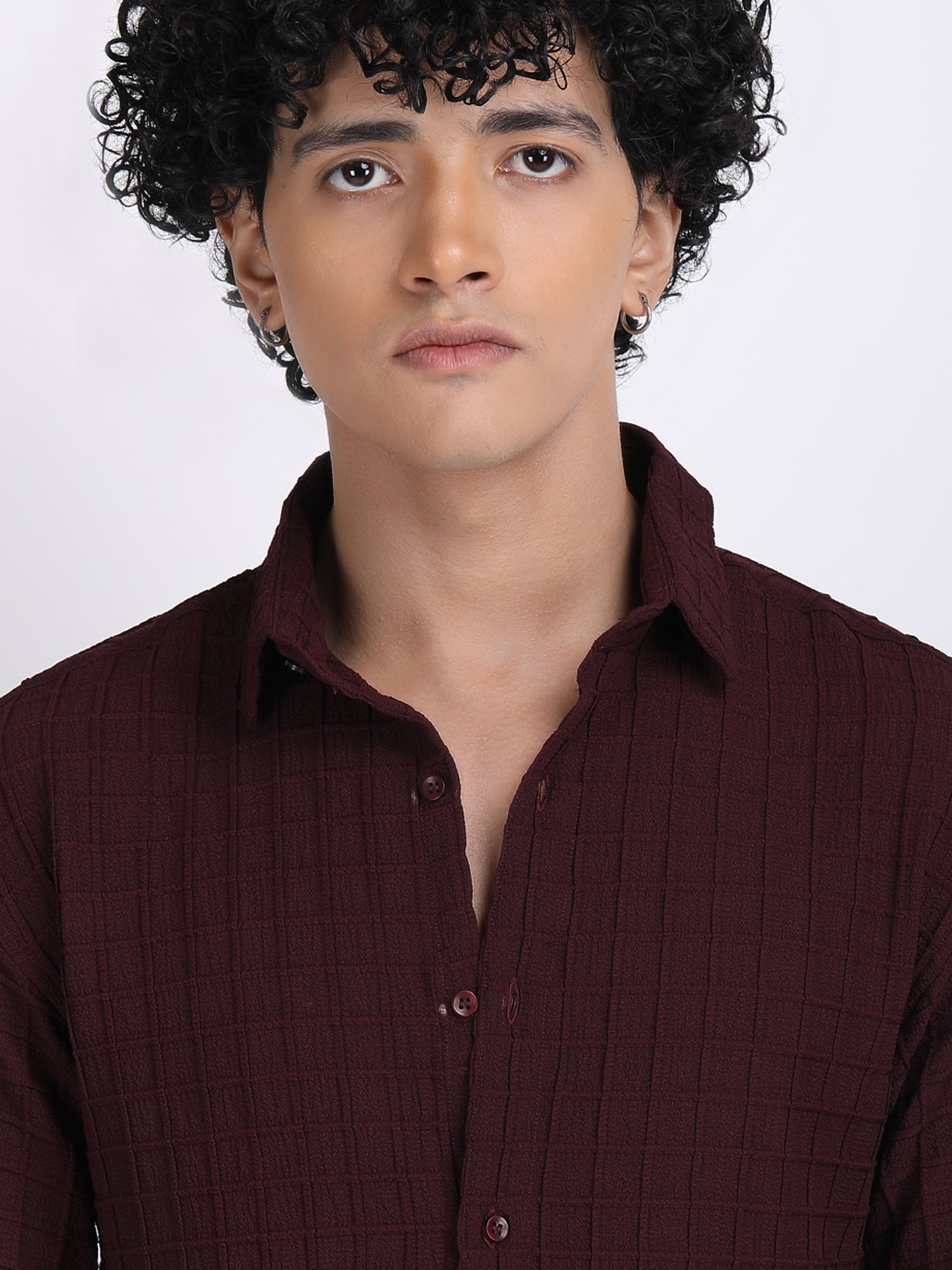 Dark Maroon Popcorn Texture Half Sleeves Shirt
