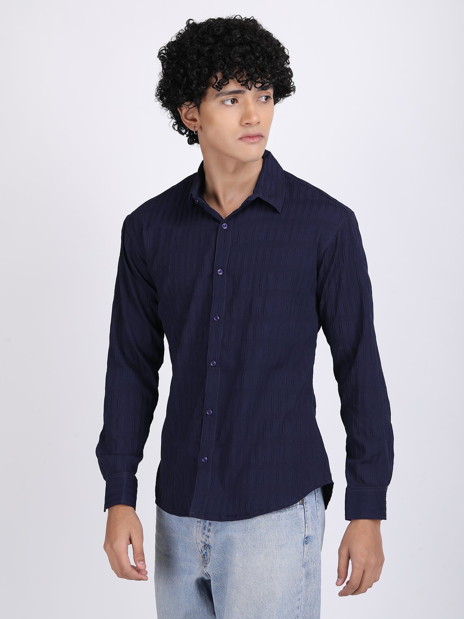 Navy Blue Popcorn Texture Full Sleeves Shirt