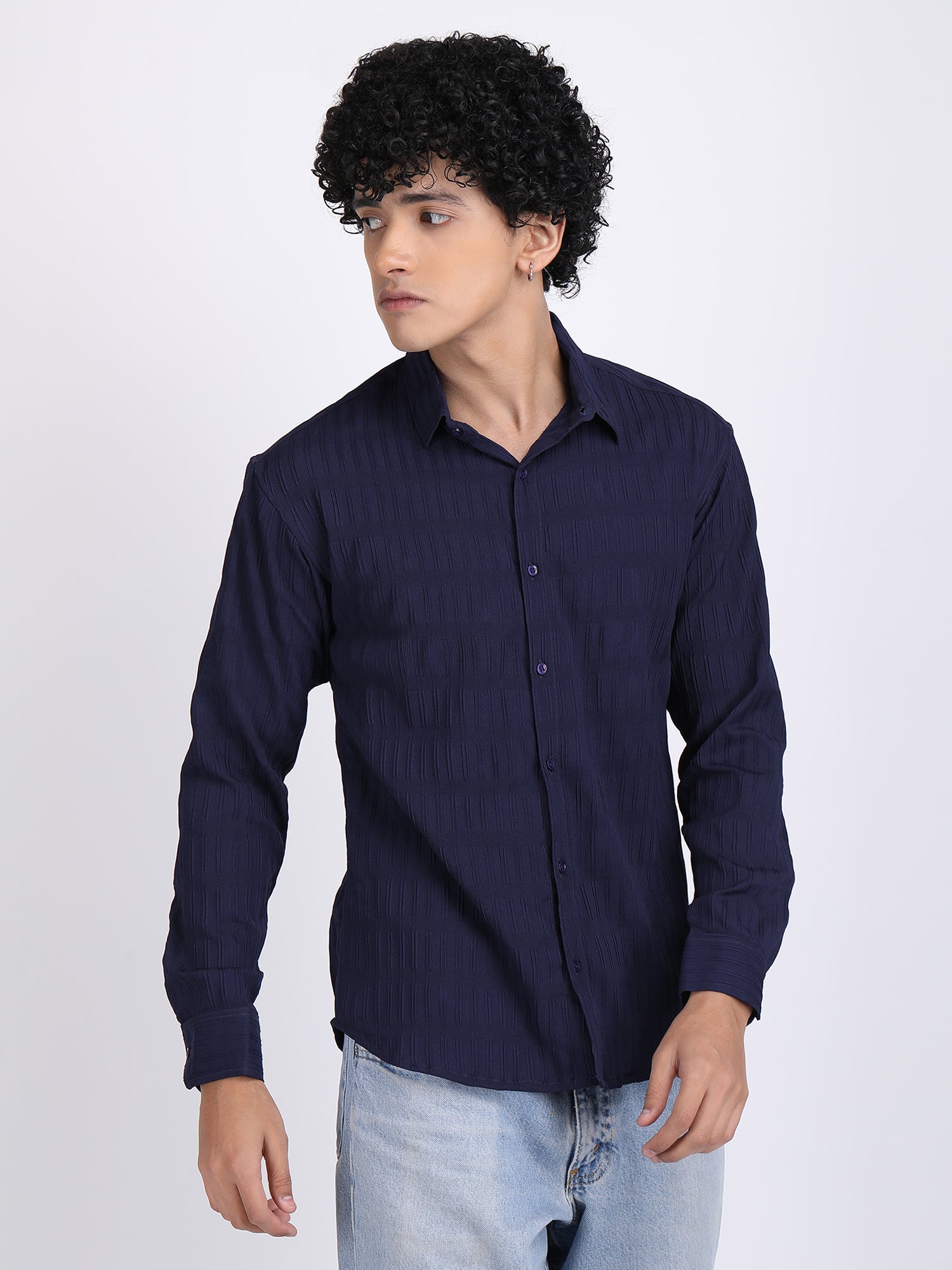 Navy Blue Popcorn Texture Full Sleeves Shirt