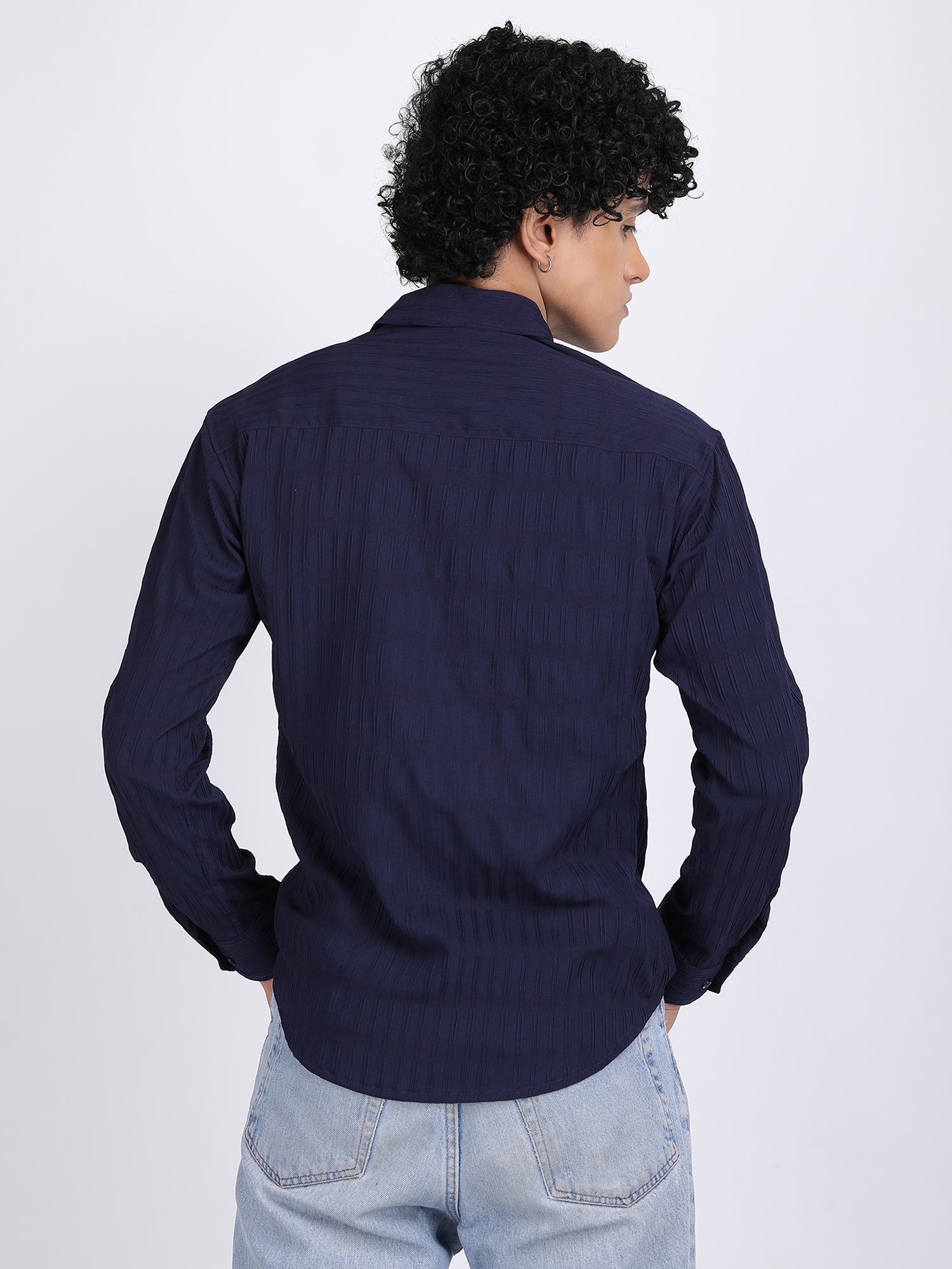 Navy Blue Popcorn Texture Full Sleeves Shirt