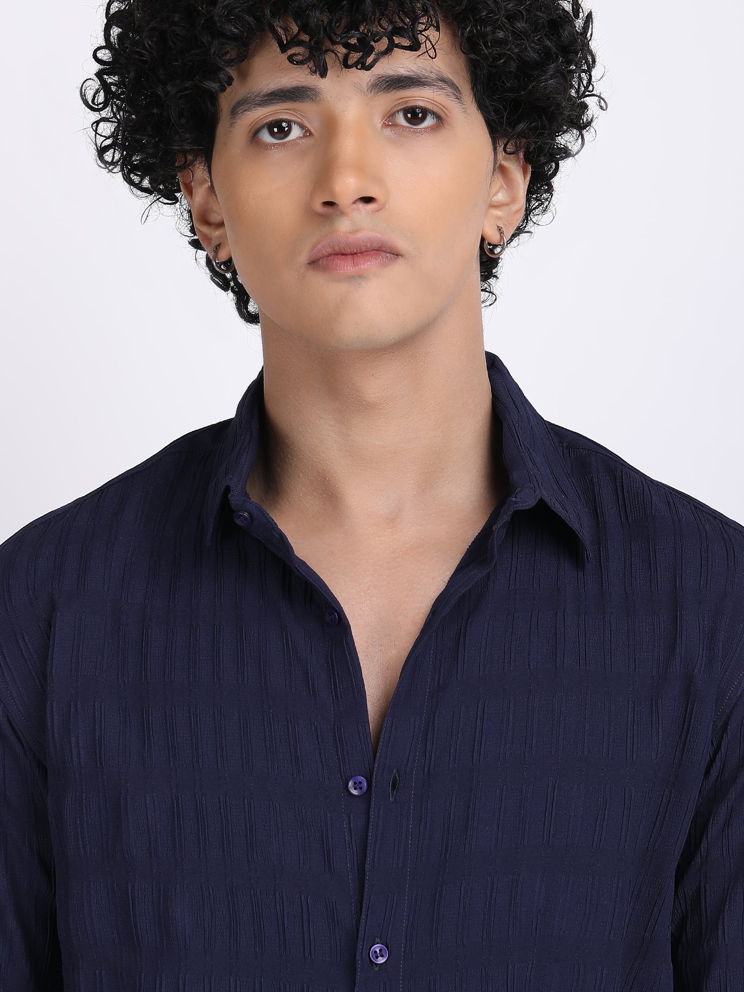 Navy Blue Popcorn Texture Full Sleeves Shirt