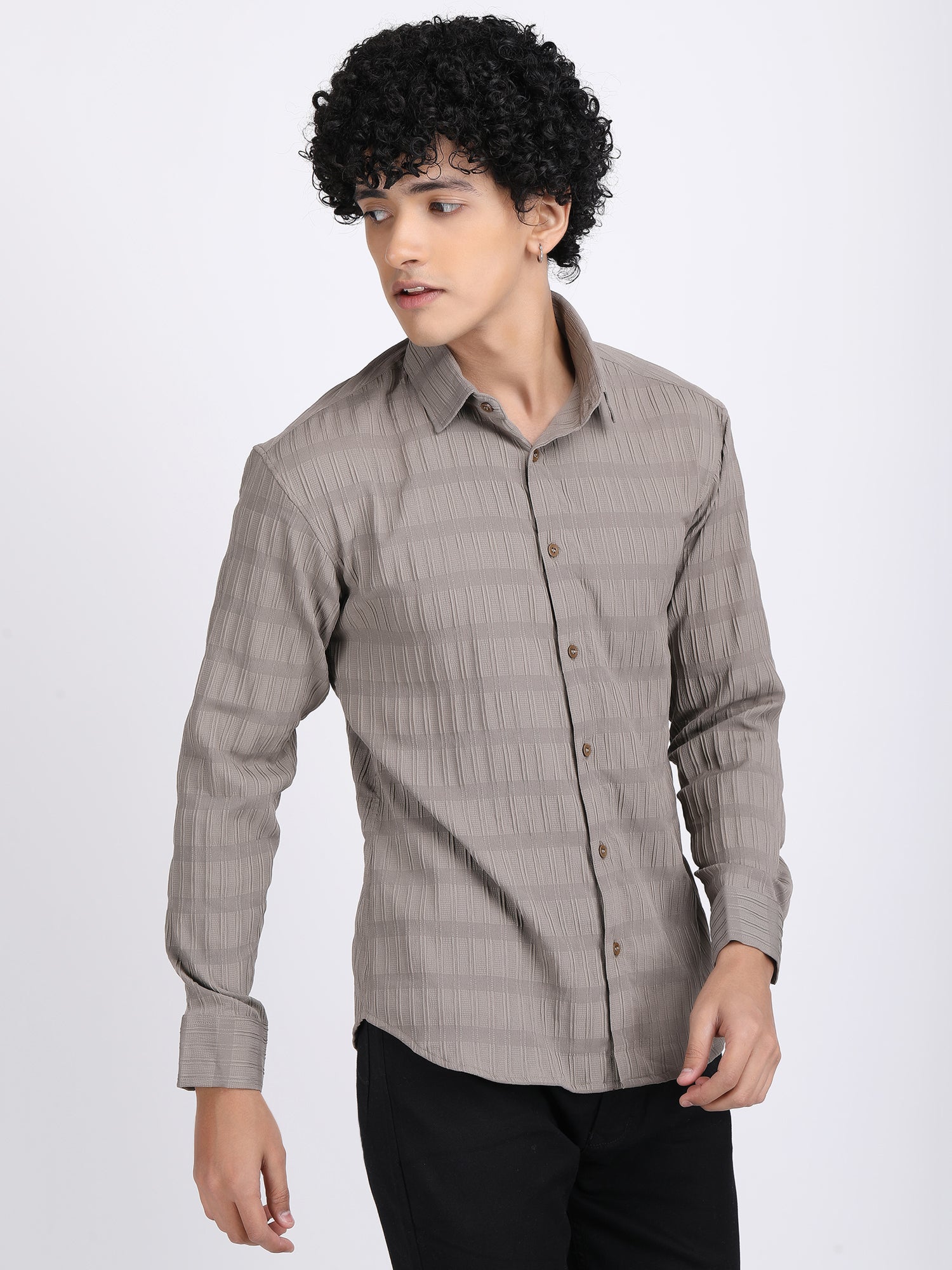 Dark Cream Popcorn Texture Full Sleeves Shirt