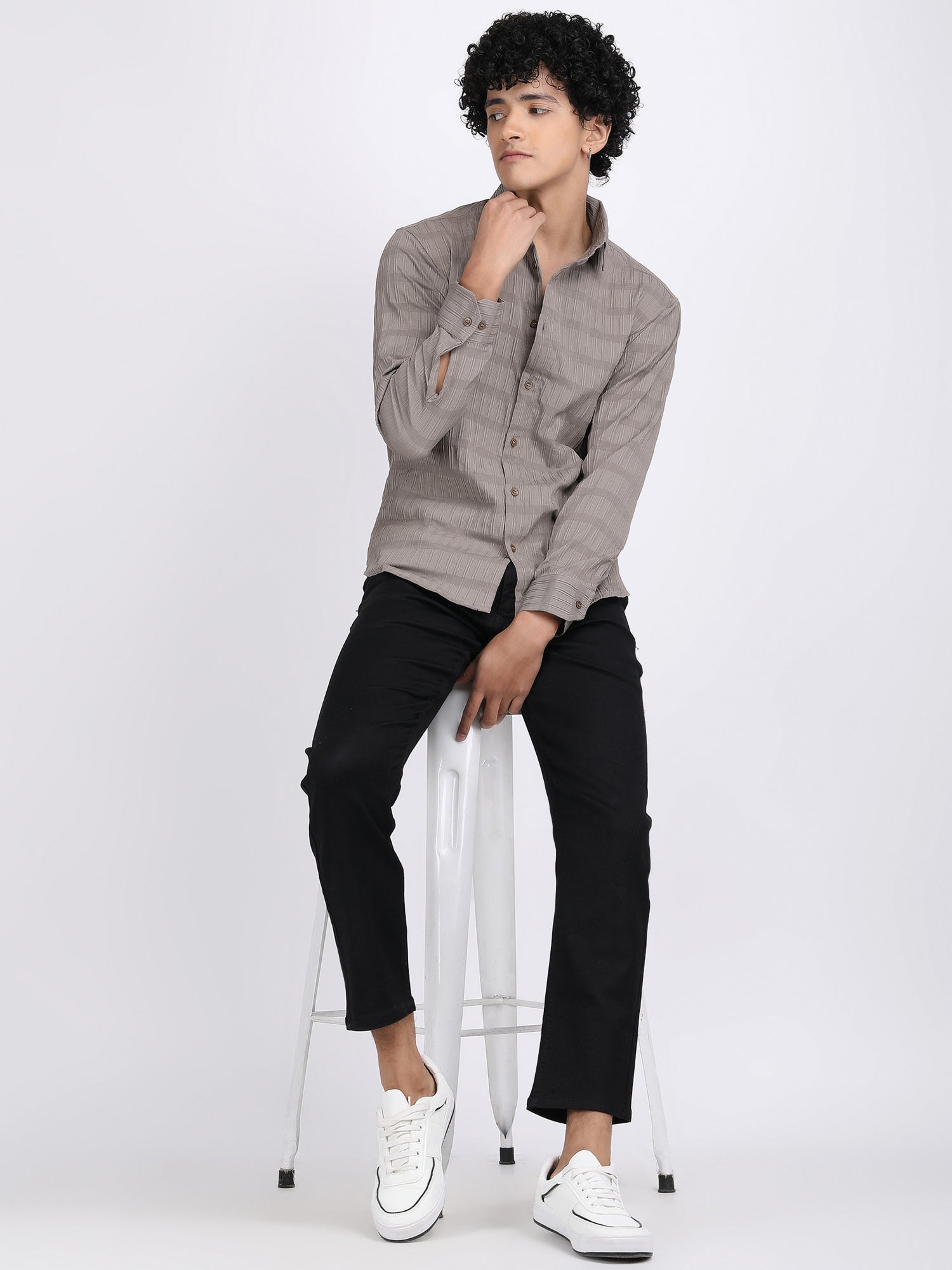Dark Cream Popcorn Texture Full Sleeves Shirt