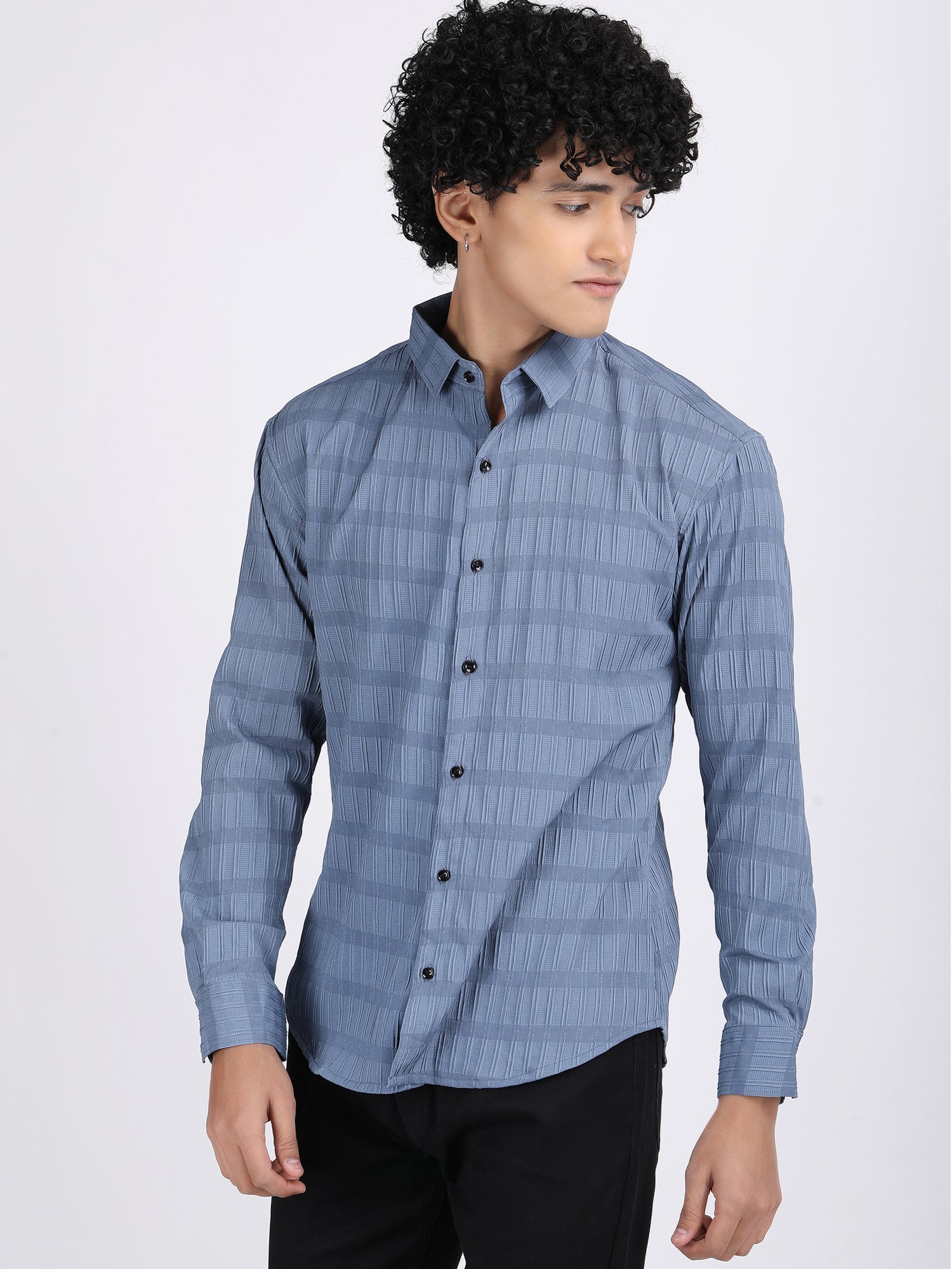 Light Blue Popcorn Texture Full Sleeves Shirt