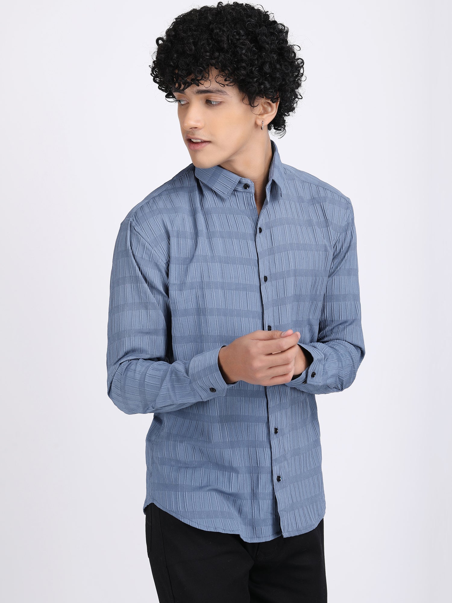Light Blue Popcorn Texture Full Sleeves Shirt