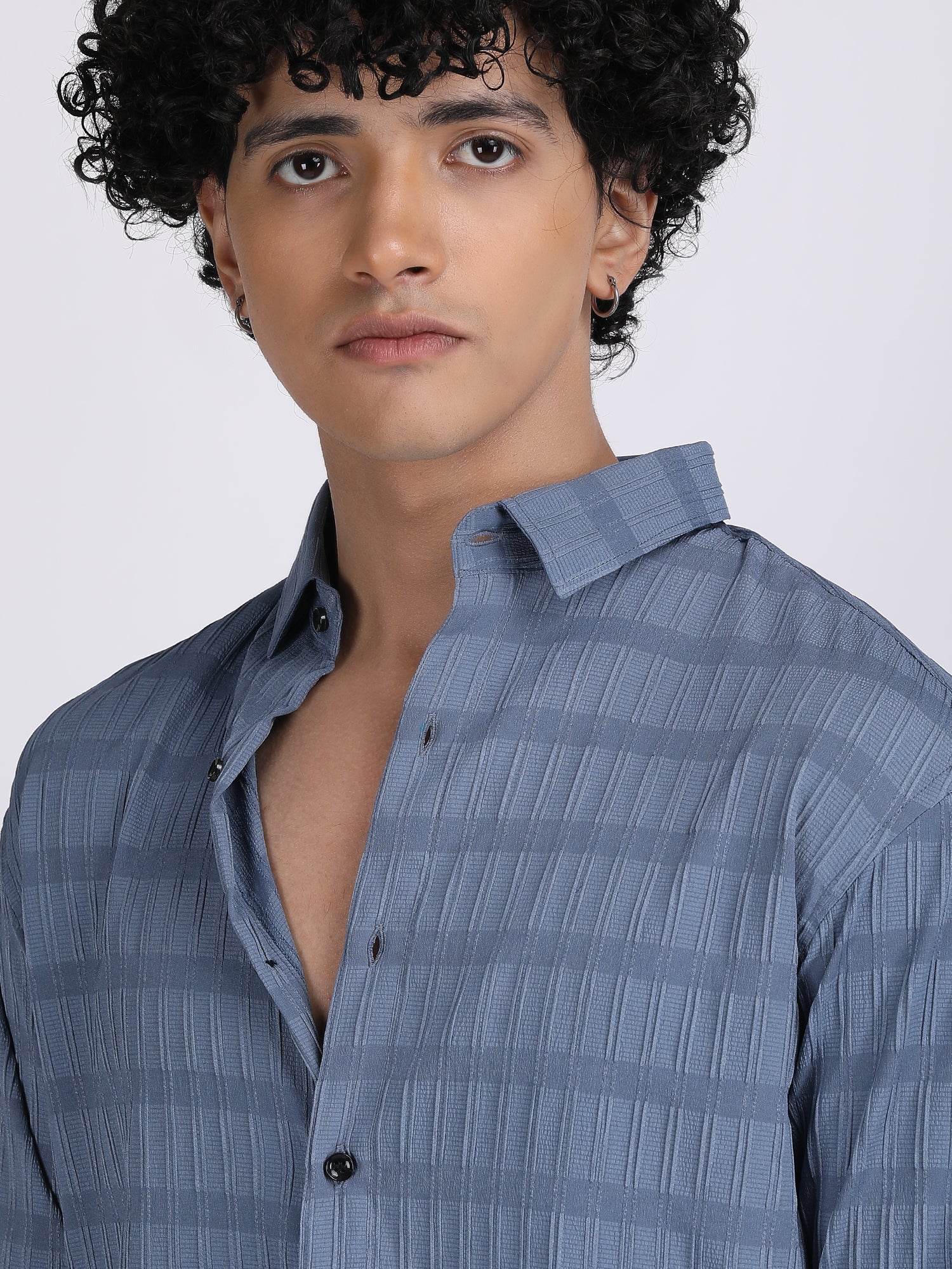 Light Blue Popcorn Texture Full Sleeves Shirt