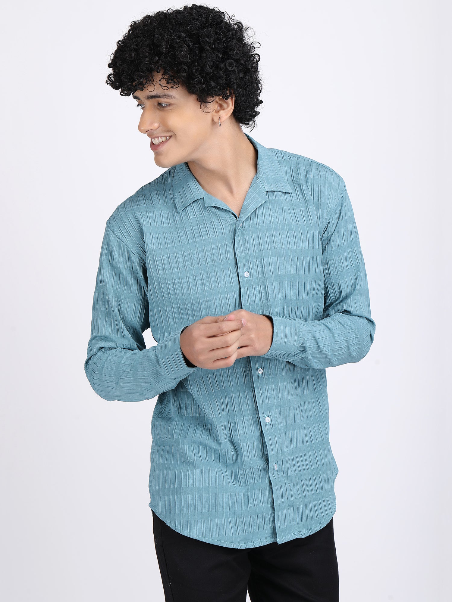 Sky Blue Popcorn Texture Full Sleeves Shirt