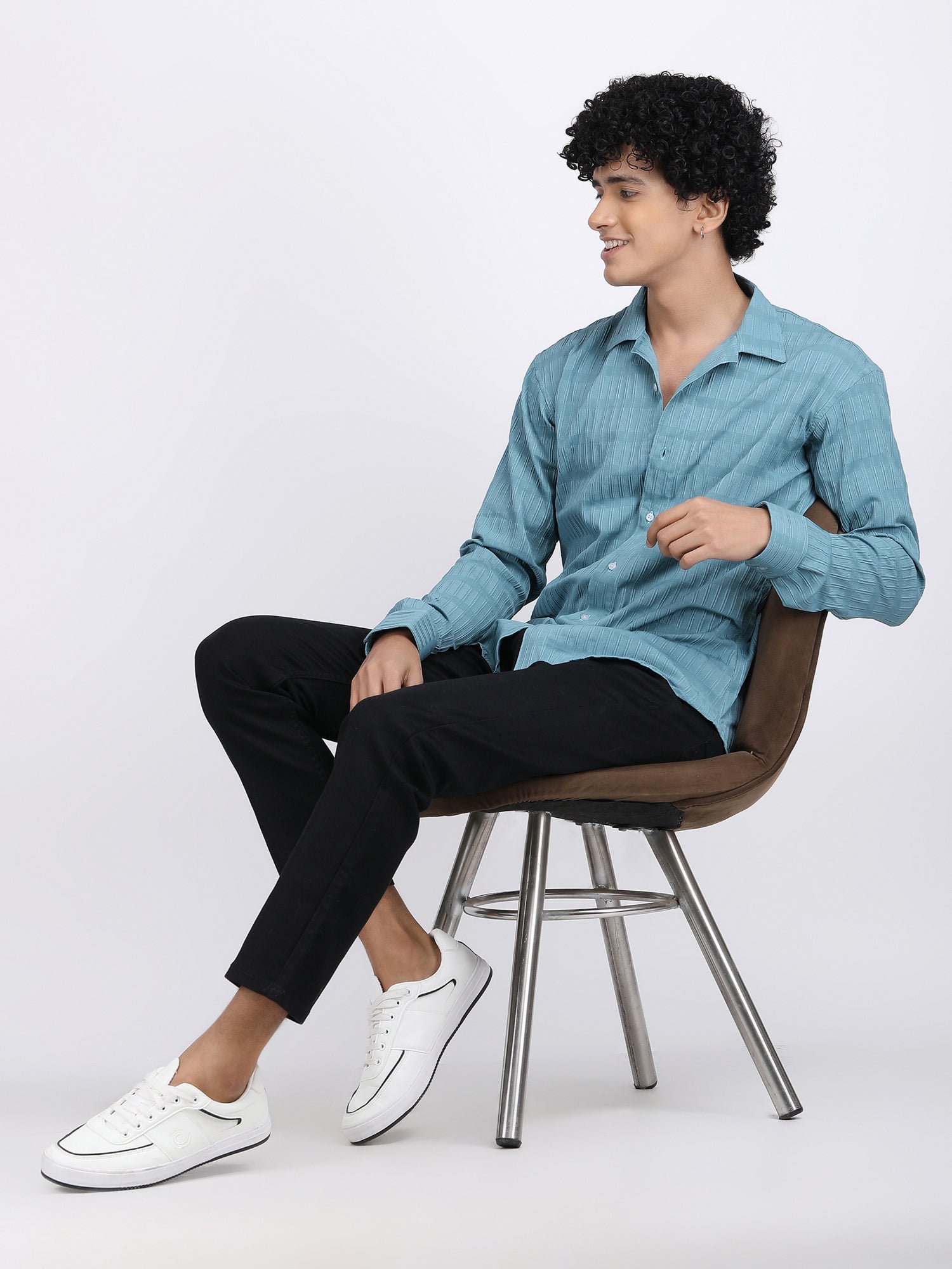 Sky Blue Popcorn Texture Full Sleeves Shirt