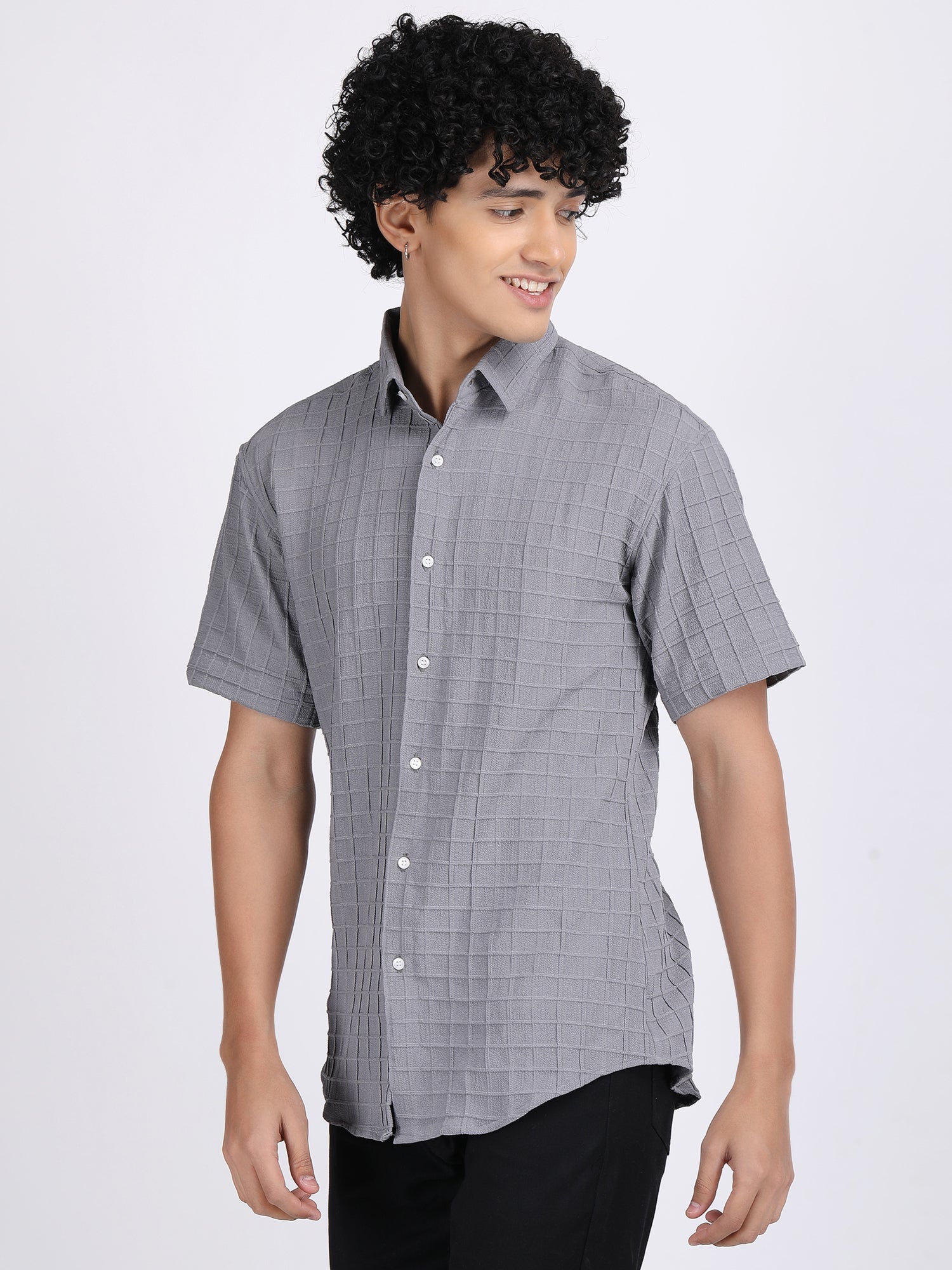 Grey Popcorn Texture Half Sleeves Shirt