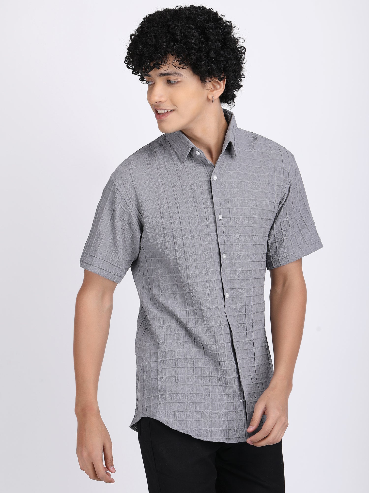 Grey Popcorn Texture Half Sleeves Shirt