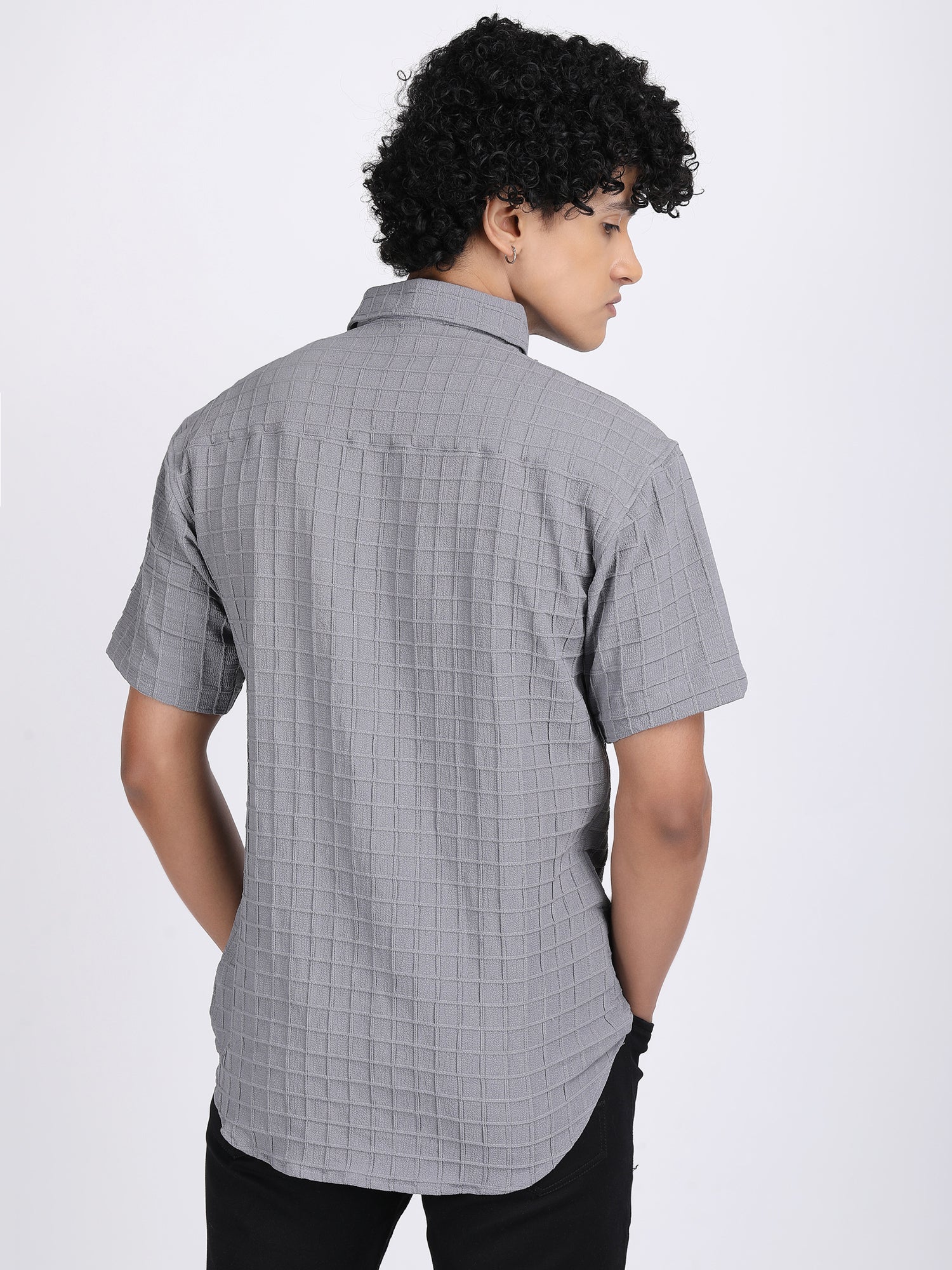 Grey Popcorn Texture Half Sleeves Shirt