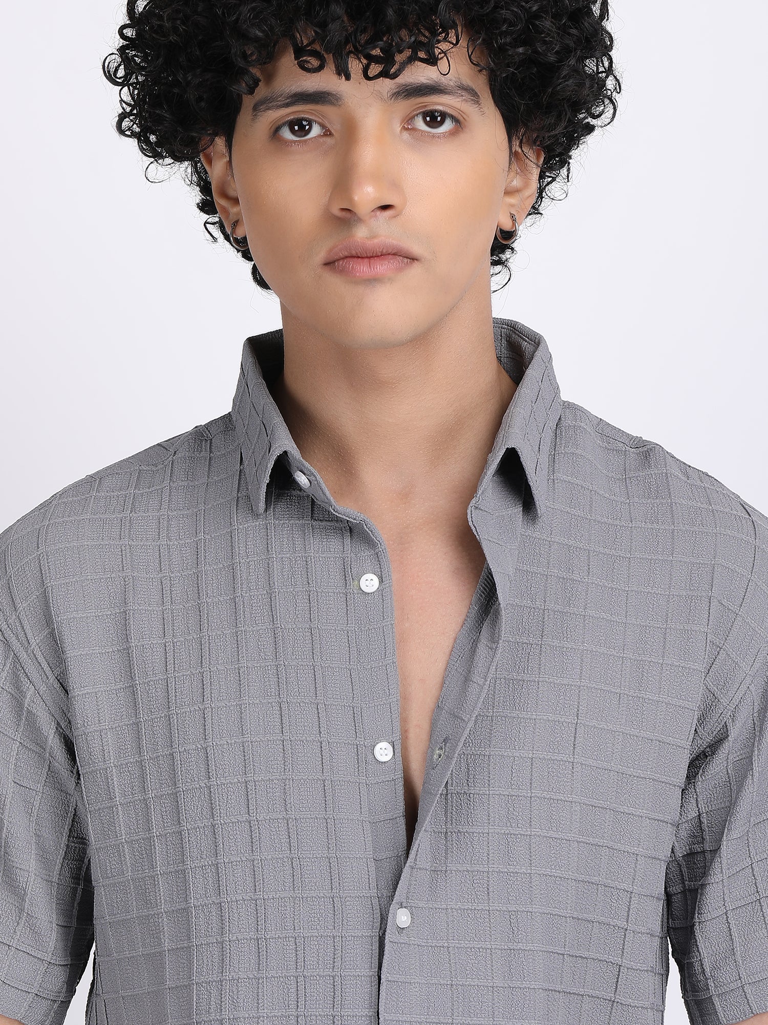 Grey Popcorn Texture Half Sleeves Shirt