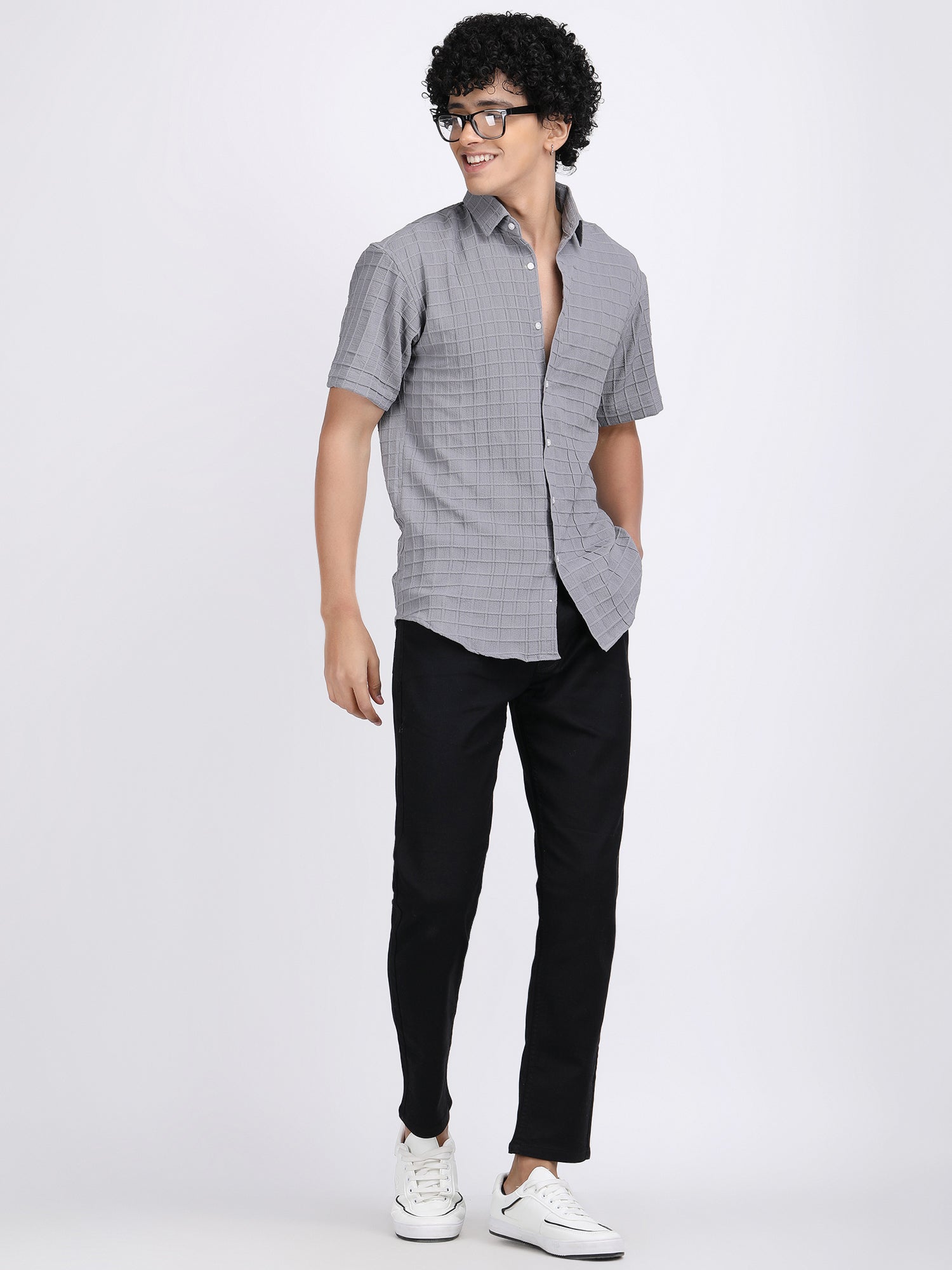 Grey Popcorn Texture Half Sleeves Shirt