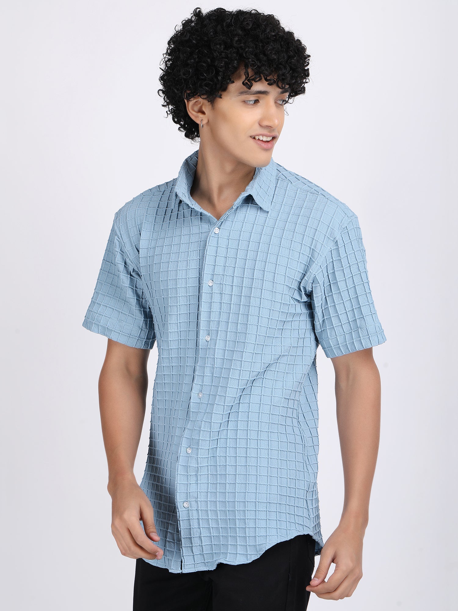 Light Sky Blue Popcorn Texture Half Sleeves Shirt
