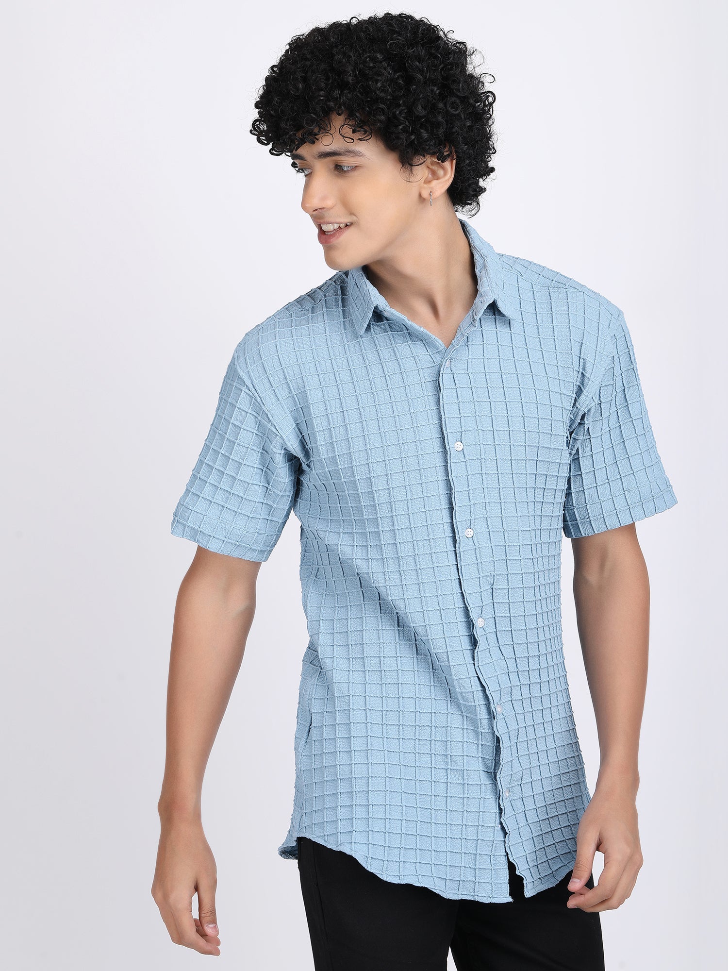 Light Sky Blue Popcorn Texture Half Sleeves Shirt